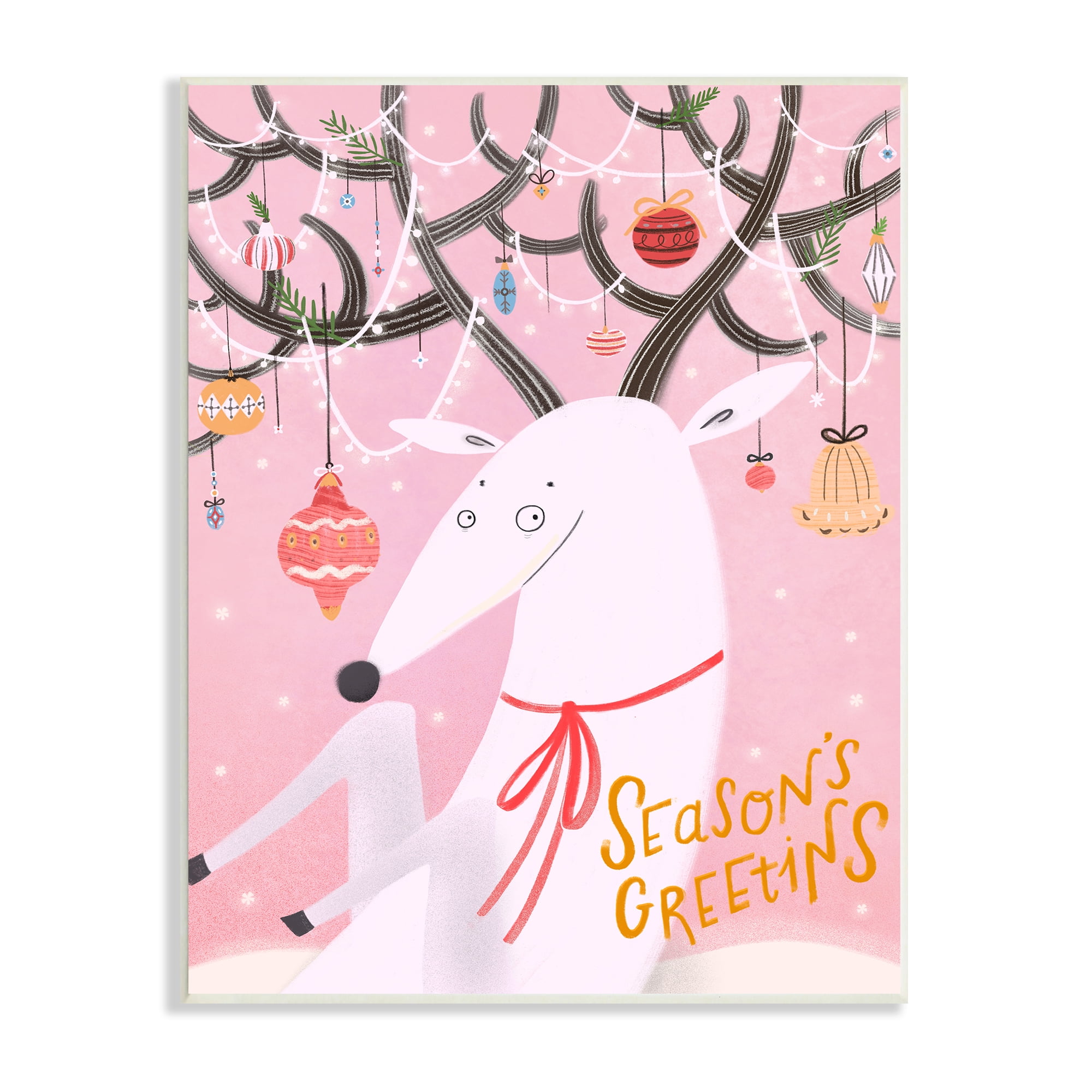 Stupell Industries Season's Greetings Sentiment Playful Christmas Ornament Reindeer Animals & Insects Painting Unframed Art Print Wall Art, 13 x 19