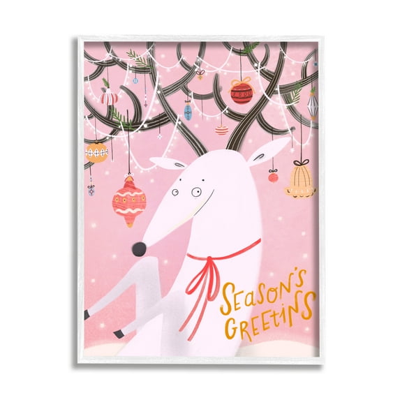 Stupell Industries Season's Greetings Sentiment Playful Christmas Ornament Reindeer Animals & Insects Painting White Framed Art Print Wall Art, 11 x 14