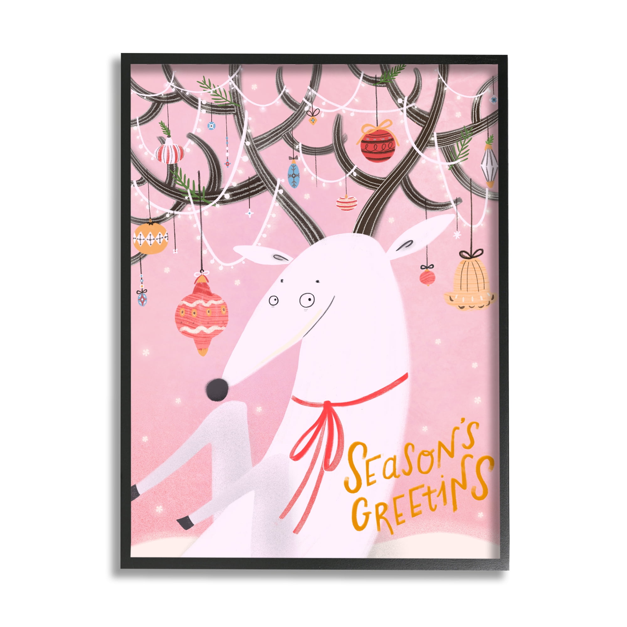 Stupell Industries Season's Greetings Sentiment Playful Christmas Ornament Reindeer Modern Painting Black Framed Art Print Wall Art, 11 x 14, Design by JunCo. Studio