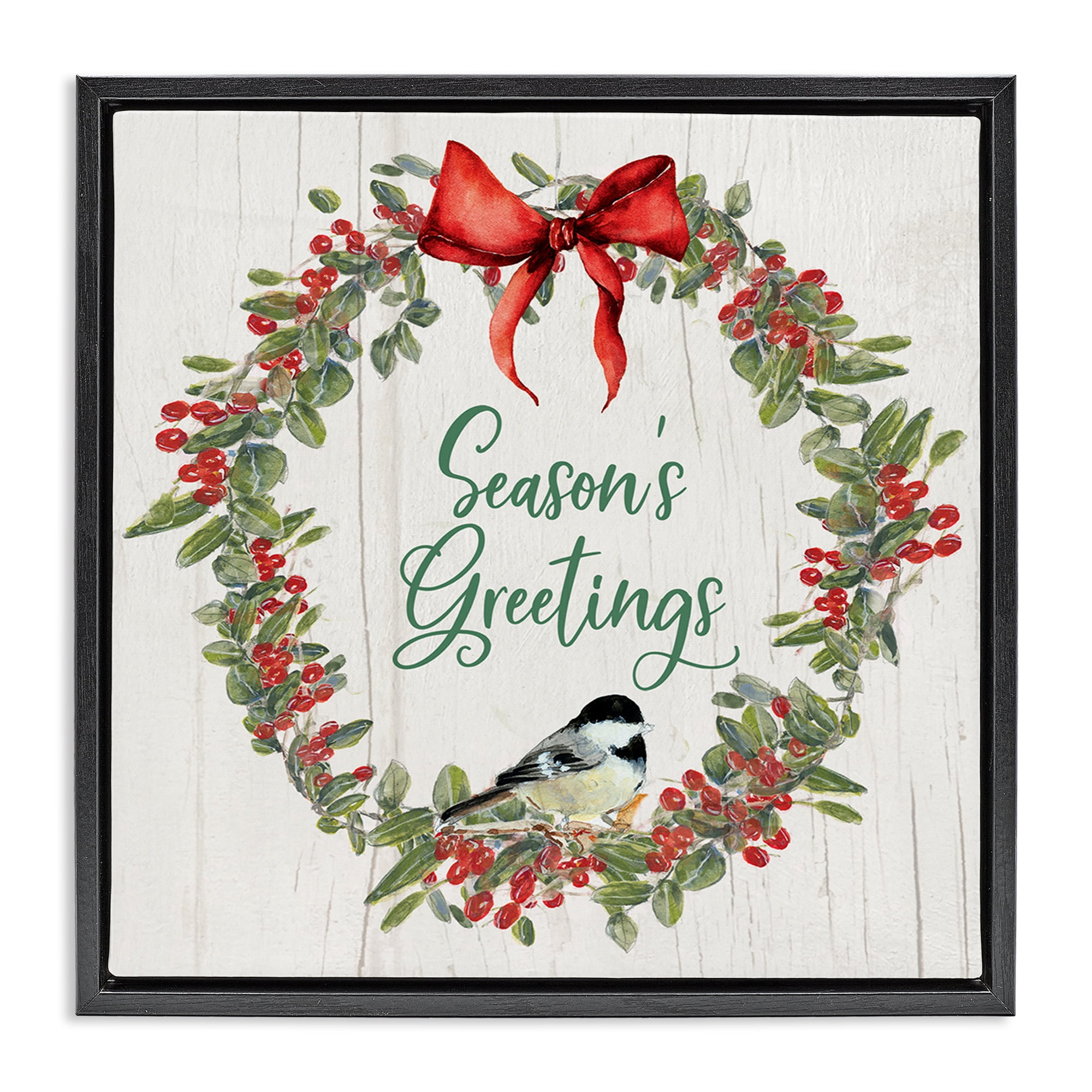 Stupell Industries Season's Greetings Wreath Holiday Painting Black Floater Framed Canvas Art Prints Wall Art, 18 x 18