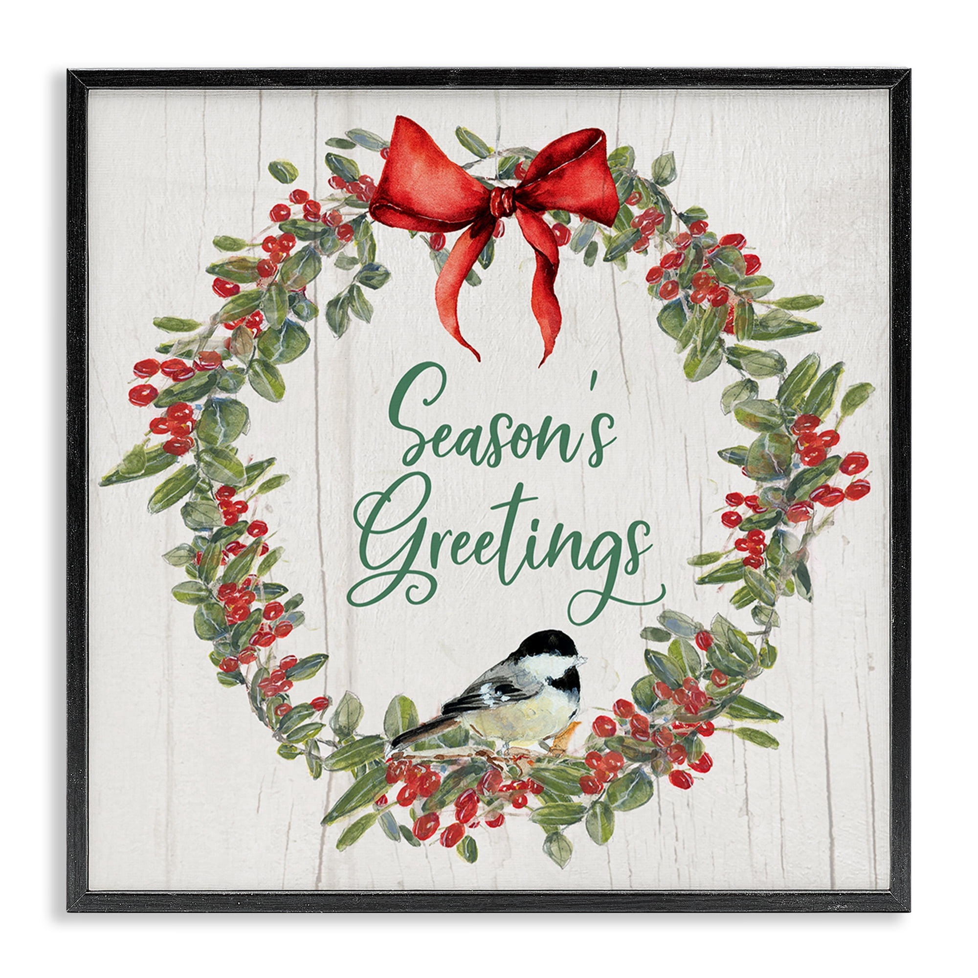Stupell Industries Season's Greetings Wreath Holiday Painting Black Framed Art Prints Wall Art, 12 x 12