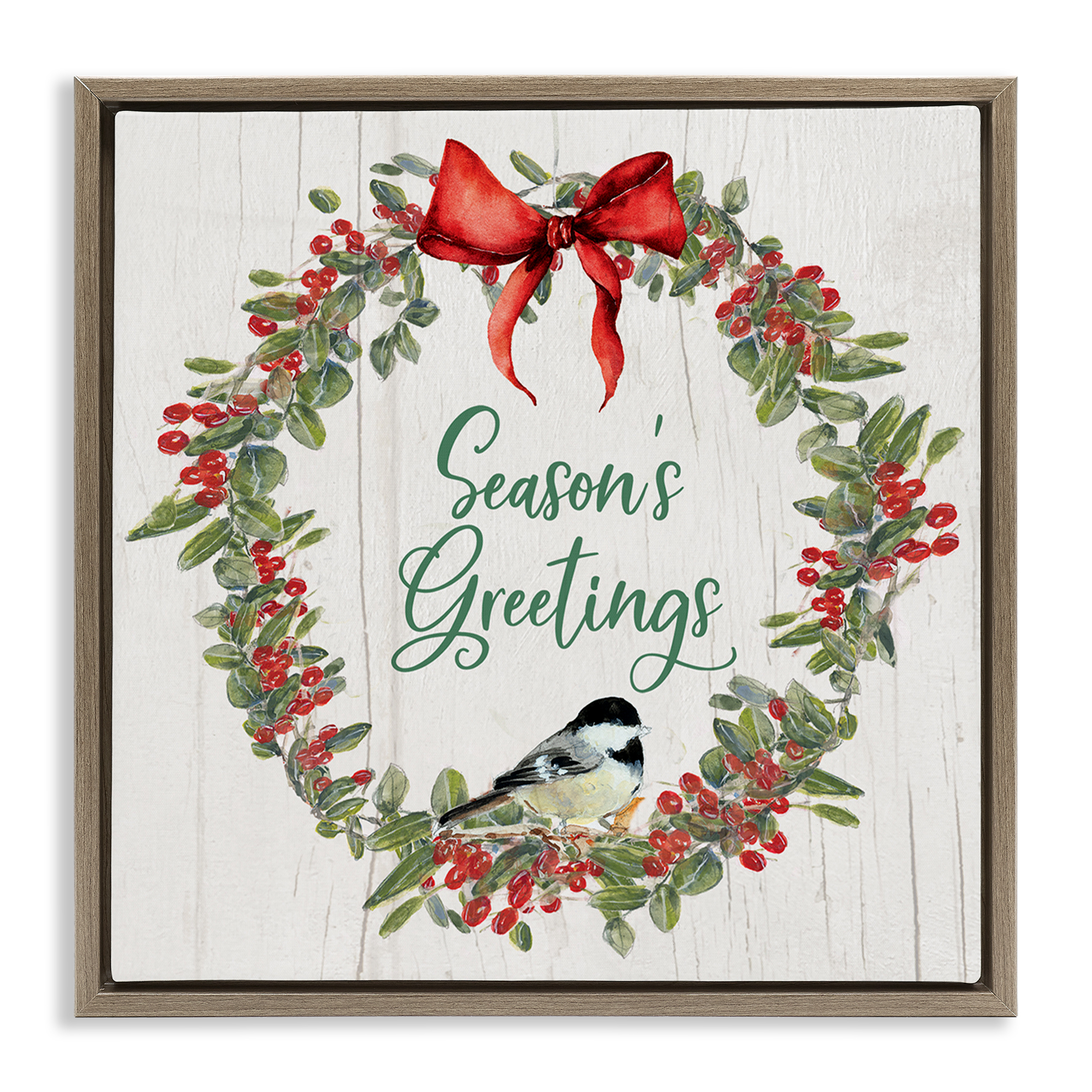 Stupell Industries Season's Greetings Wreath Holiday Painting Brown Floater Framed Canvas Art Prints Wall Art, 25 x 25