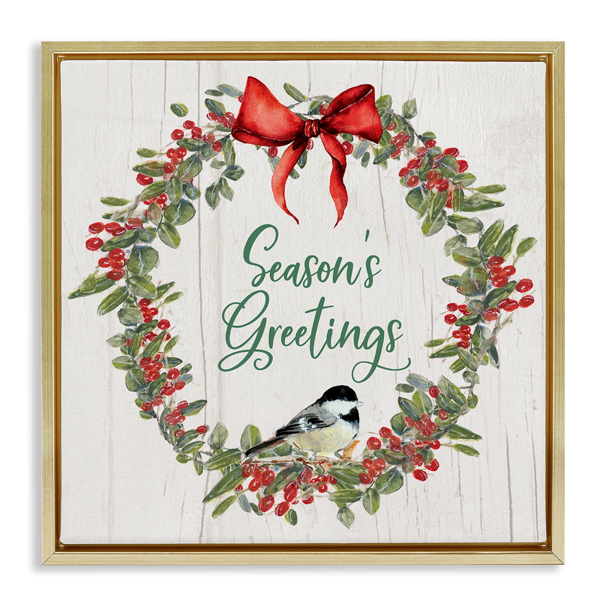 Stupell Industries Season's Greetings Wreath Holiday Painting Gold Floater Framed Canvas Art Prints Wall Art, 18 x 18