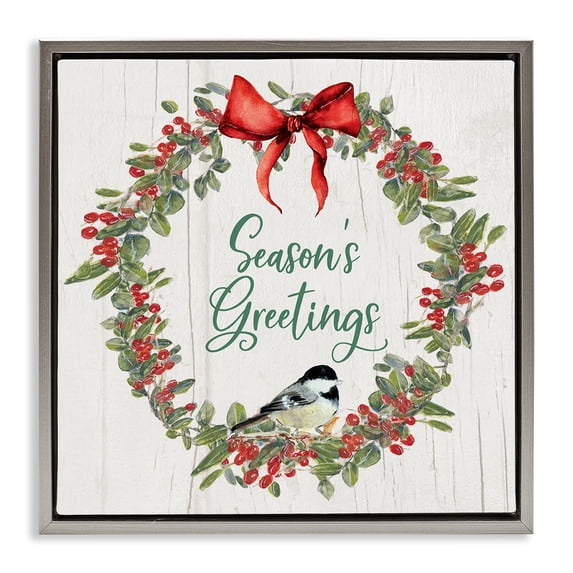 Stupell Industries French Country Season's Greetings Wreath Gray Floating Frame Canvas Art, 18 x 18, by Sally Swatland