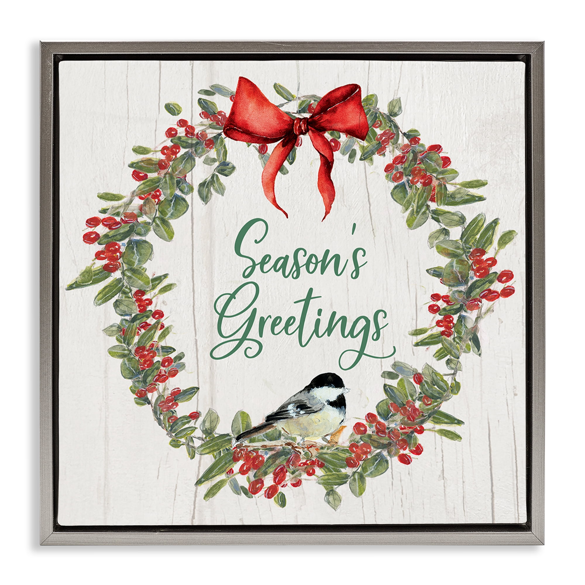 Stupell Industries Season's Greetings Wreath Holiday Painting Gray Floater Framed Canvas Art Prints Wall Art, 25 x 25