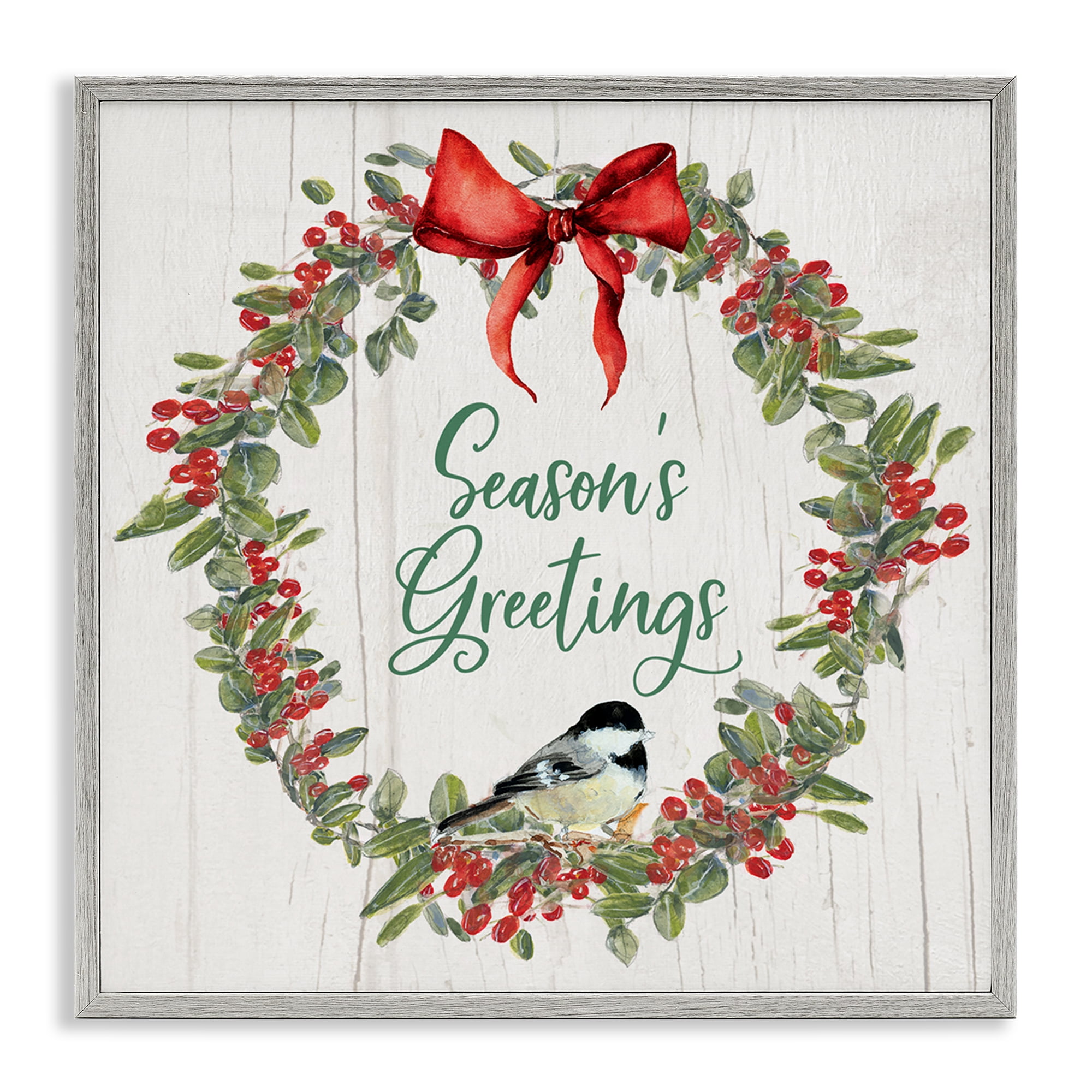 Stupell Industries Season's Greetings Wreath Holiday Painting Gray Framed Art Prints Wall Art, 12 x 12