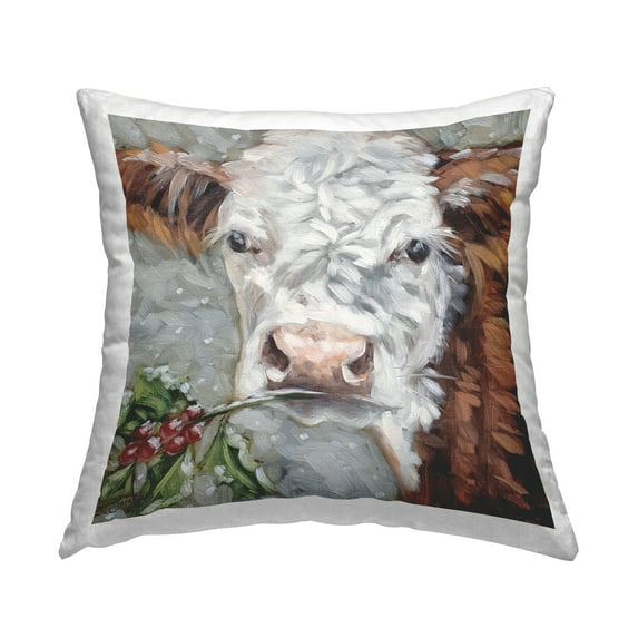 Stupell Industries Seasonal Cow Holly Sprig Printed Throw Pillow Design by Sara G. Designs