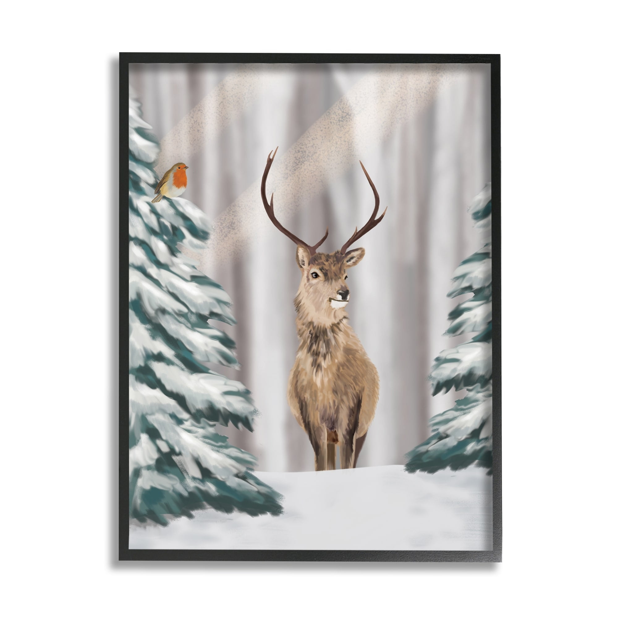 Stupell Industries Seasonal Deer Winter Landscape Holiday Painting Black Framed Art Print Wall Art