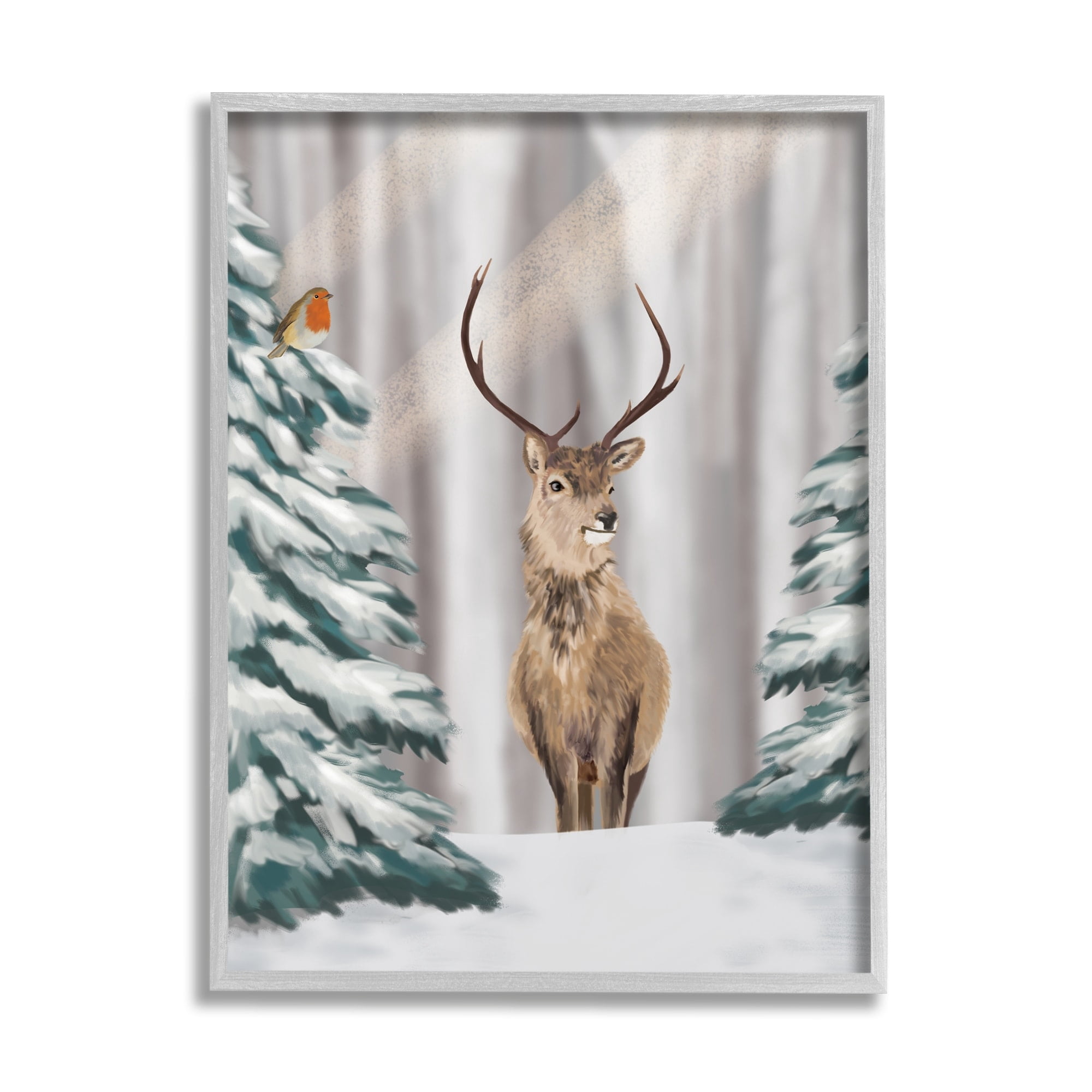 Stupell Industries Seasonal Deer Winter Landscape Holiday Painting Gray Framed Art Print Wall Art