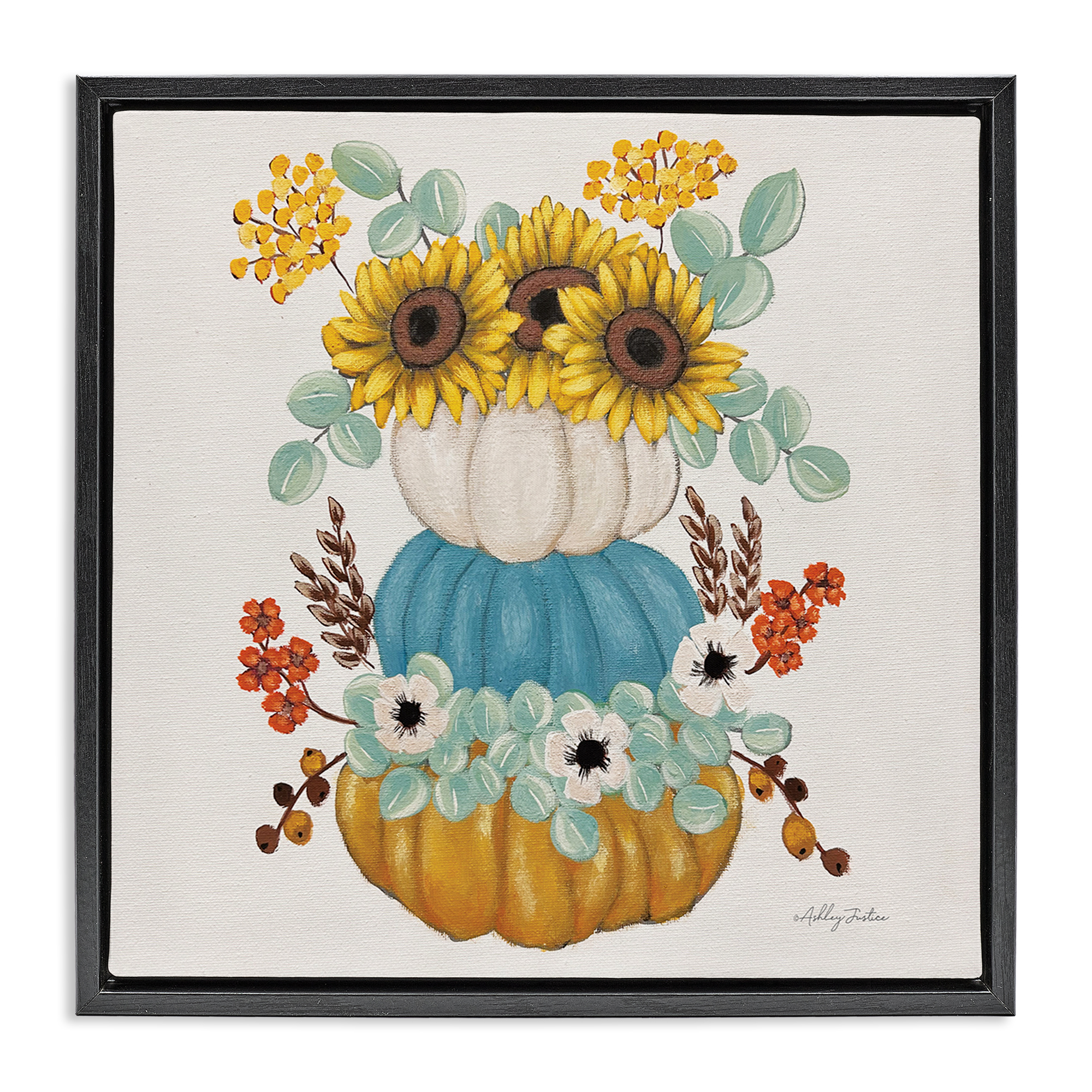 Stupell Industries Seasonal Flower & Pumpkins Botanical & Floral Painting Black Floater Framed Canvas Art Print Wall Art, 25 x 25