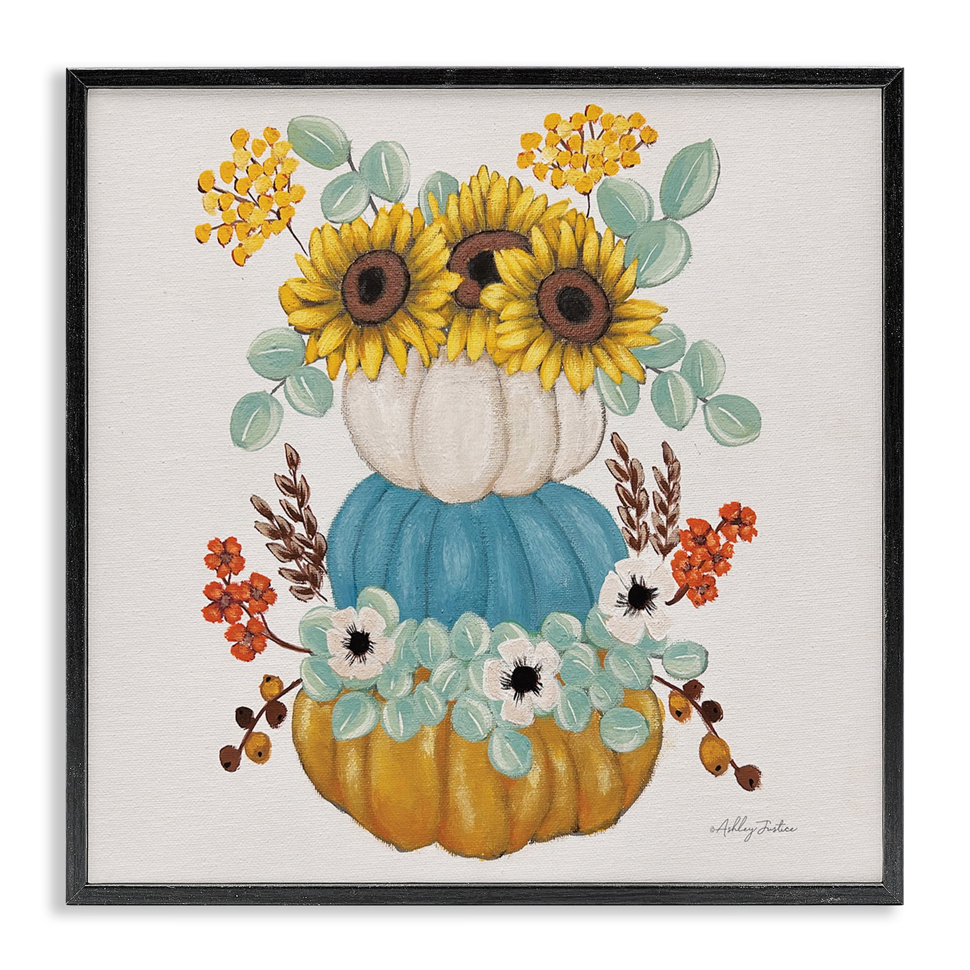 Stupell Industries Seasonal Flower & Pumpkins Botanical & Floral Painting Black Framed Art Print Wall Art, 17 x 17
