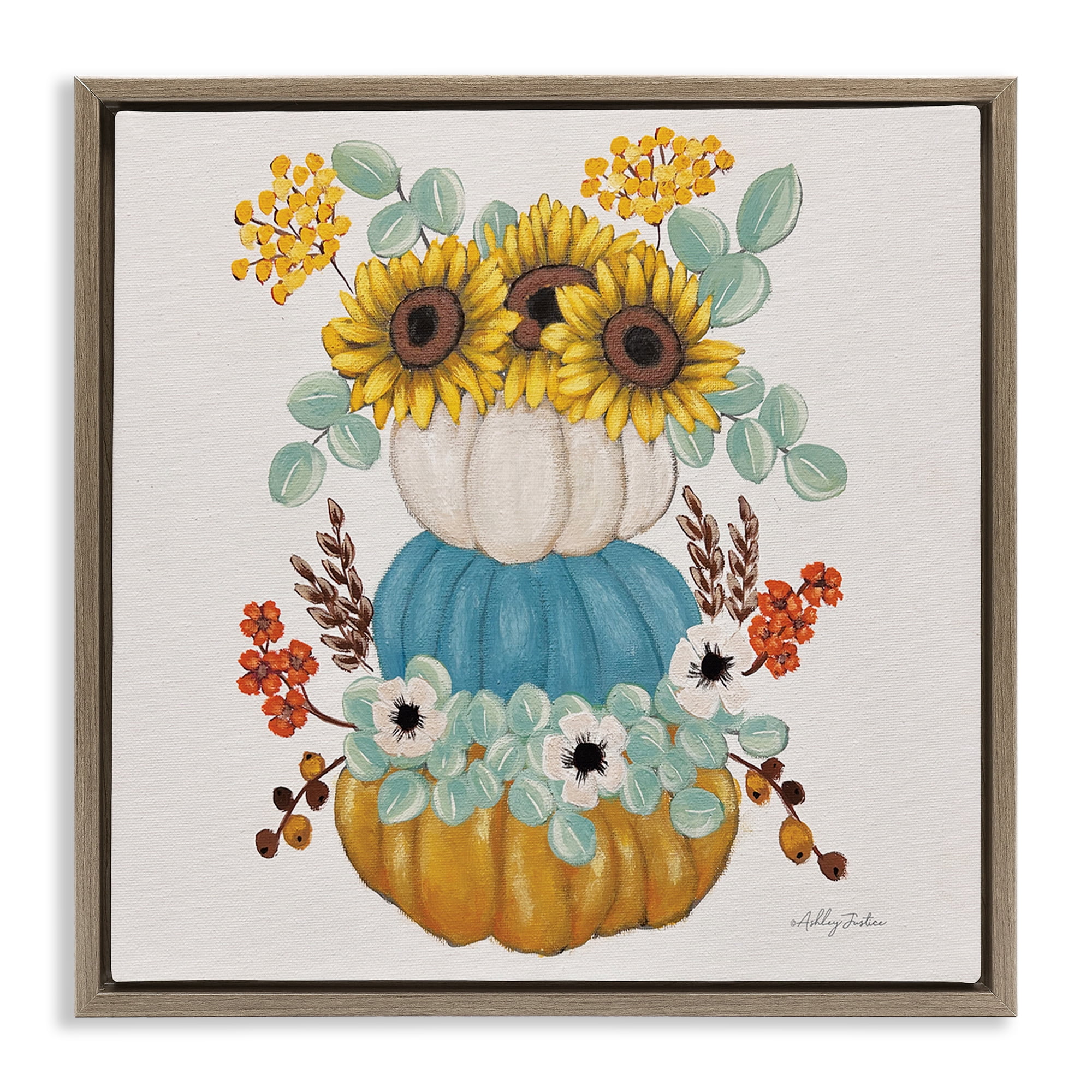 Stupell Industries Seasonal Flower & Pumpkins Botanical & Floral Painting Brown Floater Framed Canvas Art Print Wall Art, 18 x 18