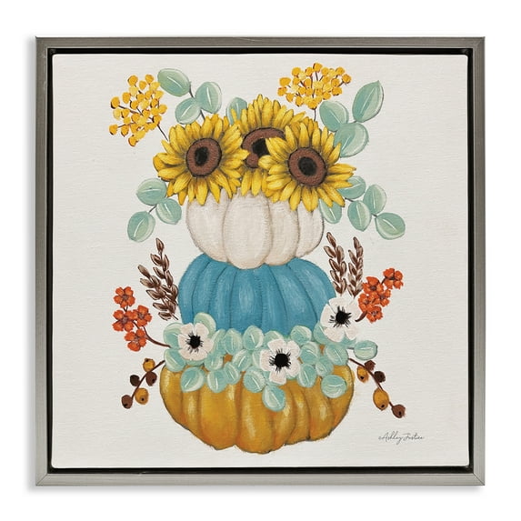 Stupell Industries Seasonal Flower & Pumpkins Botanical & Floral Painting Gray Floater Framed Canvas Art Print Wall Art, 18 x 18
