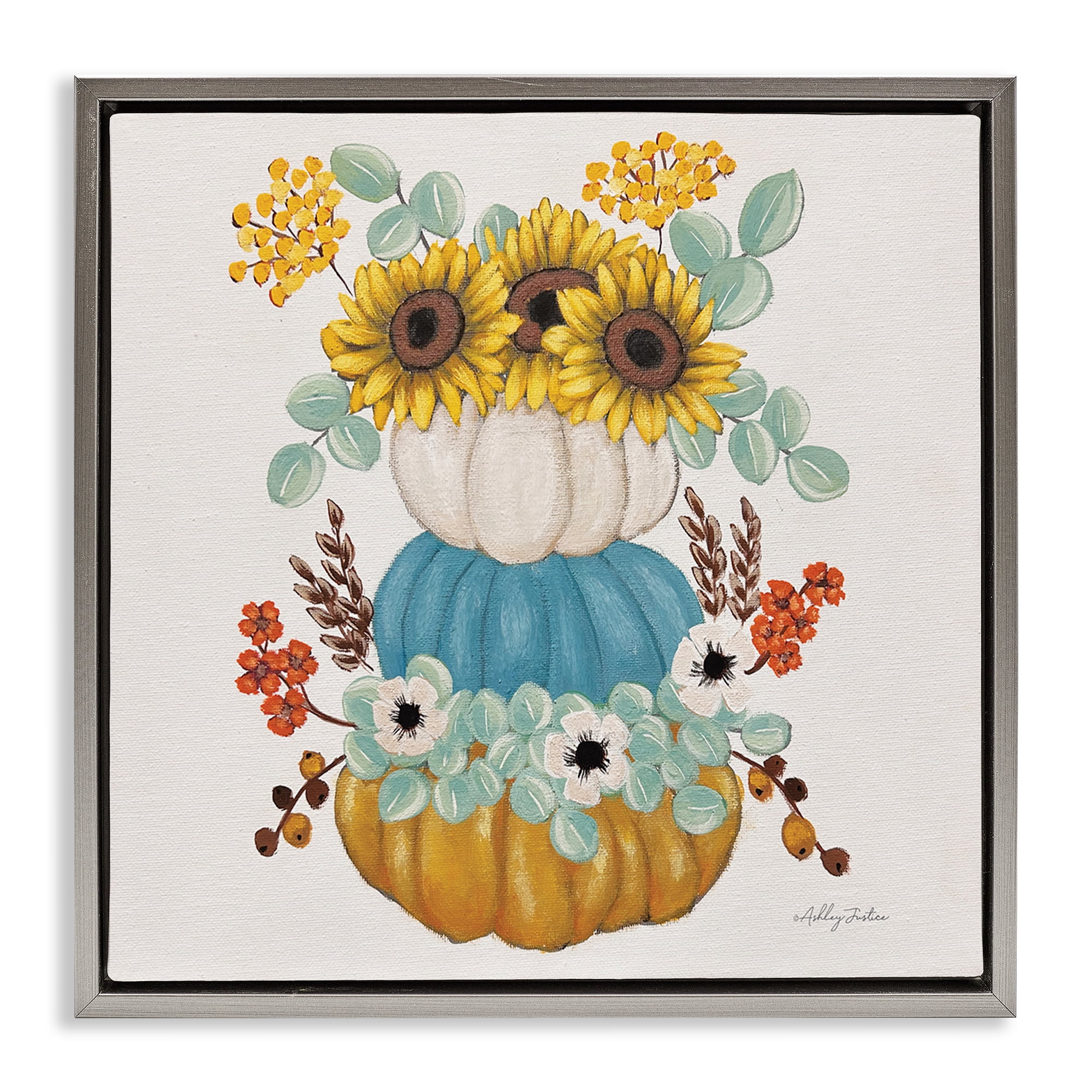 Stupell Industries Seasonal Flower & Pumpkins Botanical & Floral Painting Gray Floater Framed Canvas Art Print Wall Art, 25 x 25