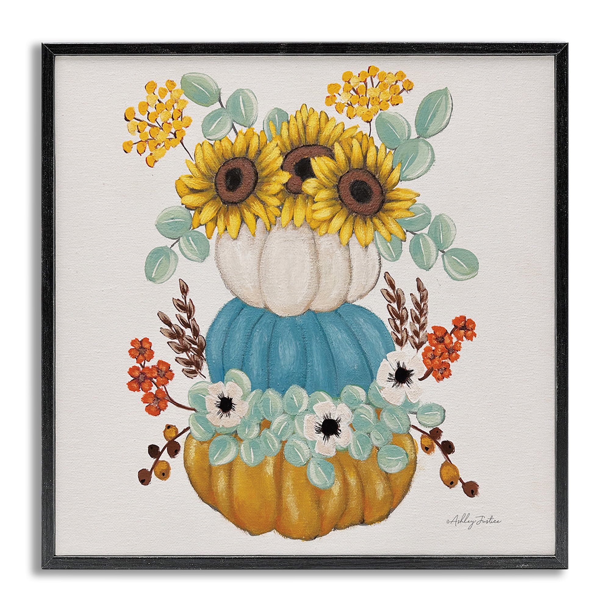 Stupell Industries Seasonal Flower & Pumpkins Botanical & Floral Painting Gray Framed Art Print Wall Art, 12 x 12