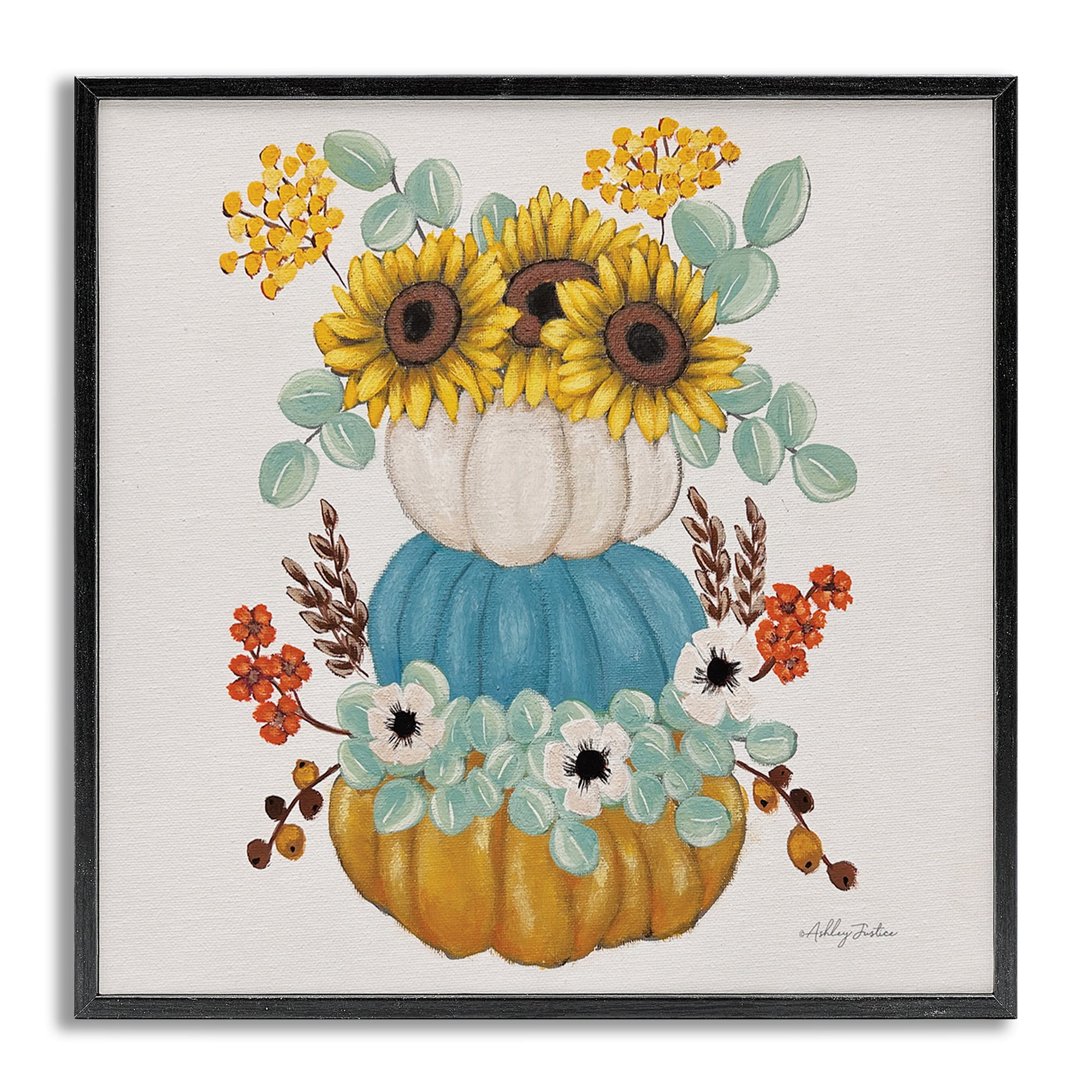 Stupell Industries Seasonal Flower & Pumpkins Botanical & Floral Painting Gray Framed Art Print Wall Art, 24 x 24