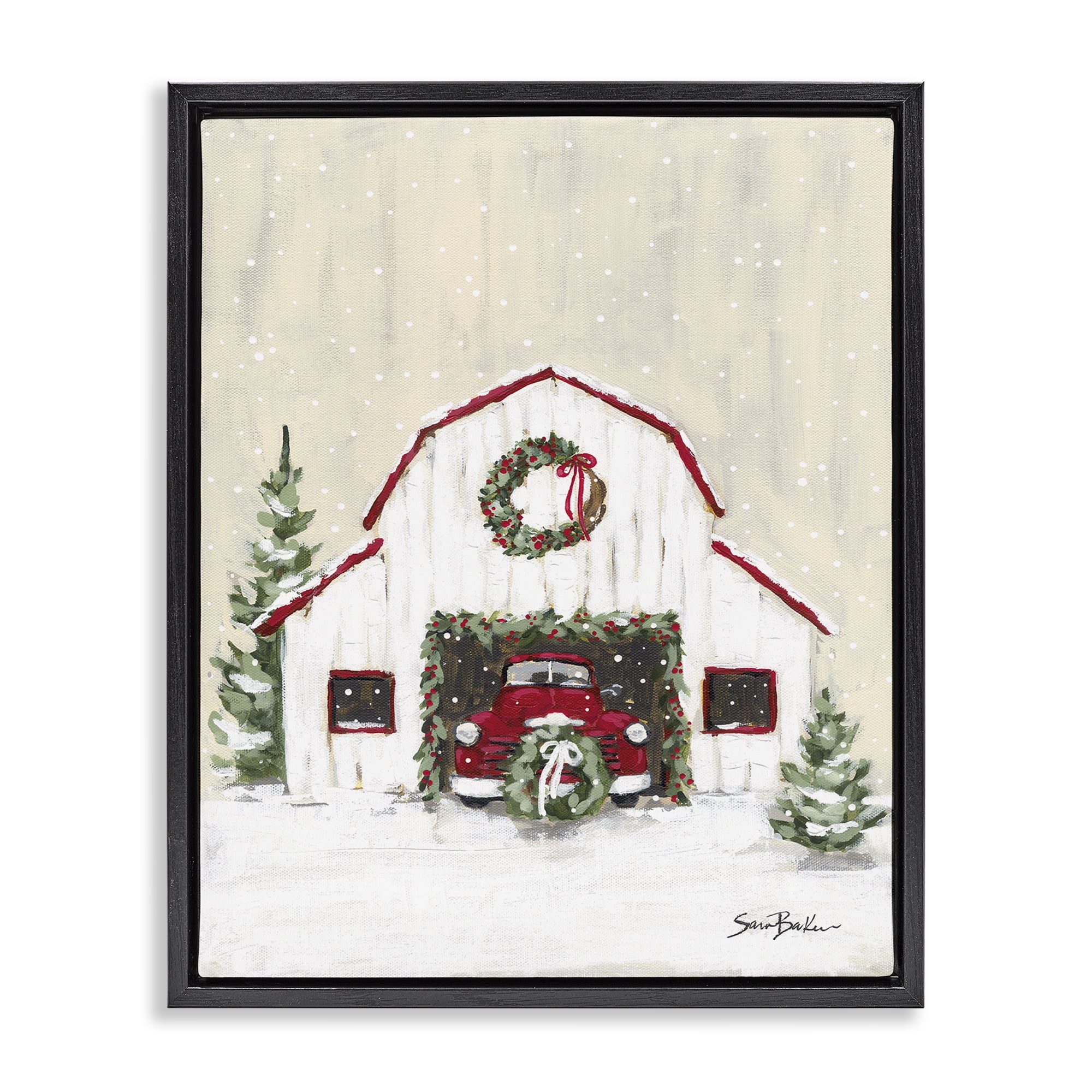 Stupell Industries Seasonal Garlands Barn Holiday Painting Black Floater Framed Canvas Art Prints Wall Art, 25 x 31