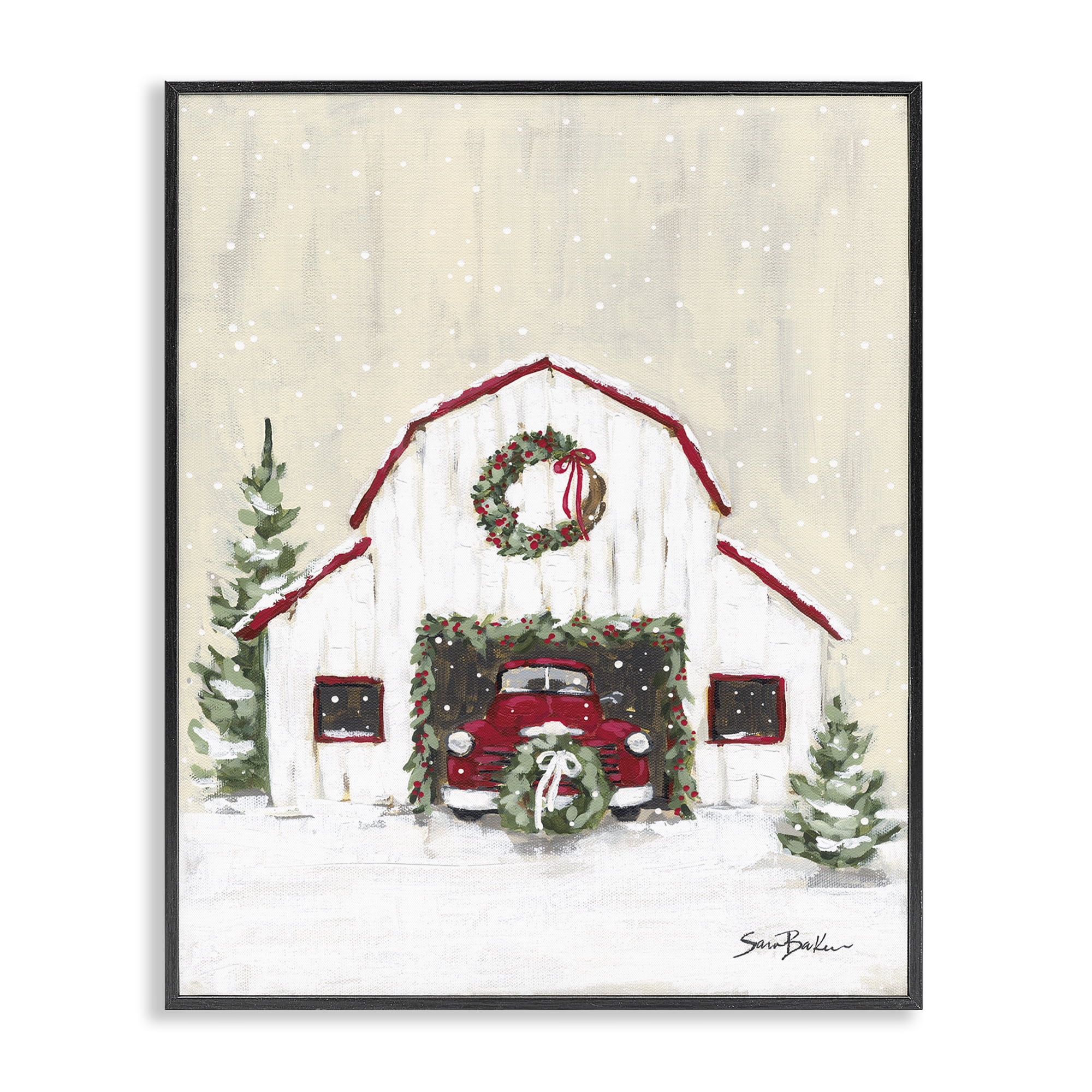 Stupell Industries Seasonal Garlands Barn Holiday Painting Black Framed Art Prints Wall Art, 11 x 14