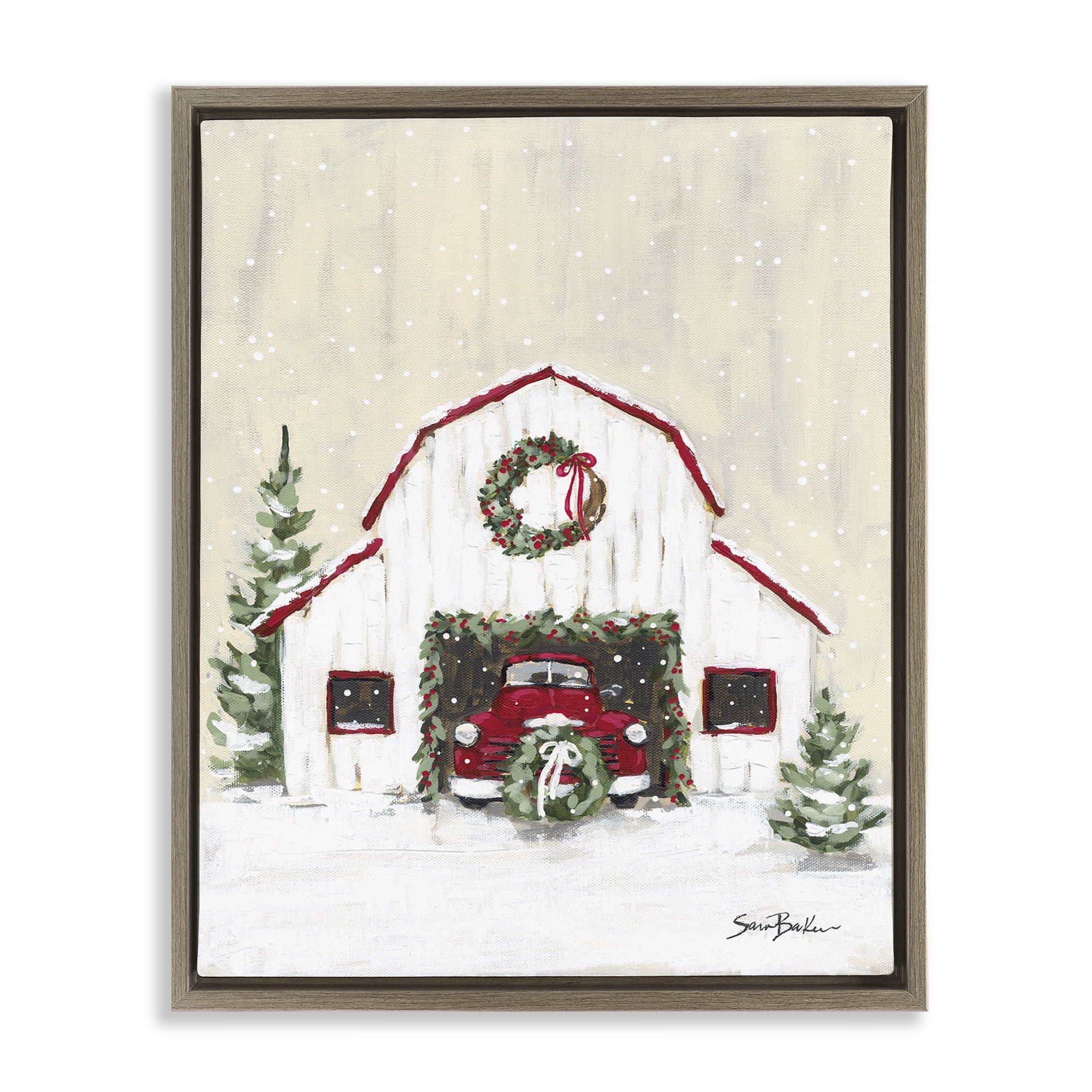Stupell Industries Seasonal Garlands Barn Holiday Painting Brown Floater Framed Canvas Art Prints Wall Art, 25 x 31