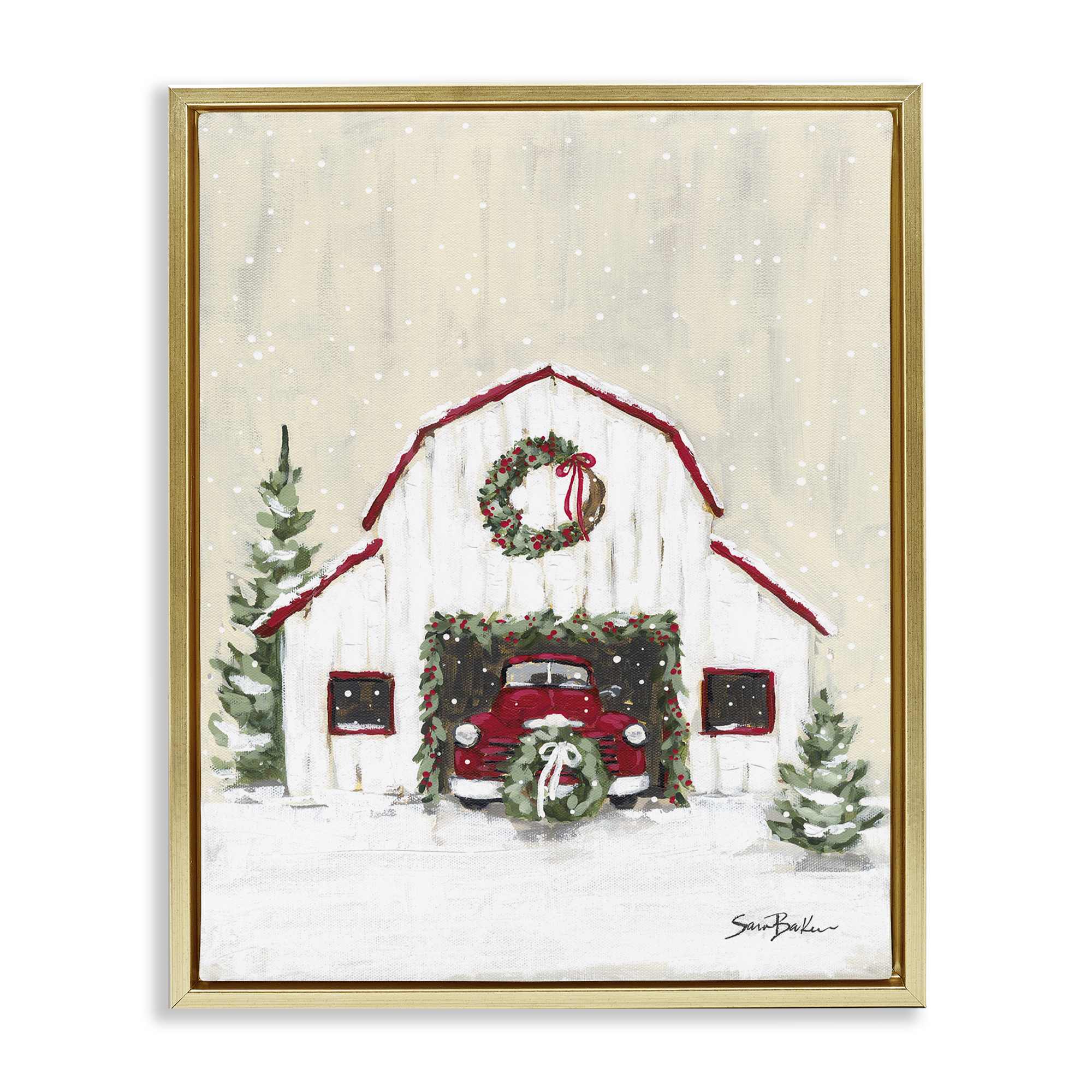 Stupell Industries Seasonal Garlands Barn Holiday Painting Gold Floater Framed Canvas Art Prints Wall Art, 17 x 21