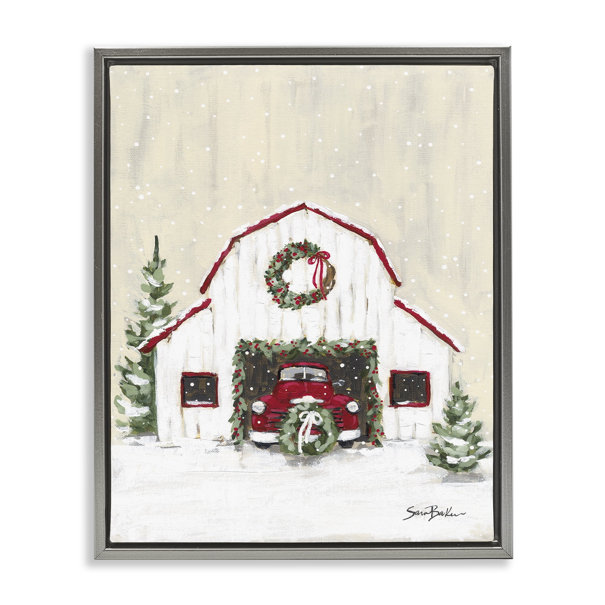 Stupell Industries Seasonal Garlands Barn Holiday Painting Gray Floater Framed Canvas Art Prints Wall Art, 25 x 31