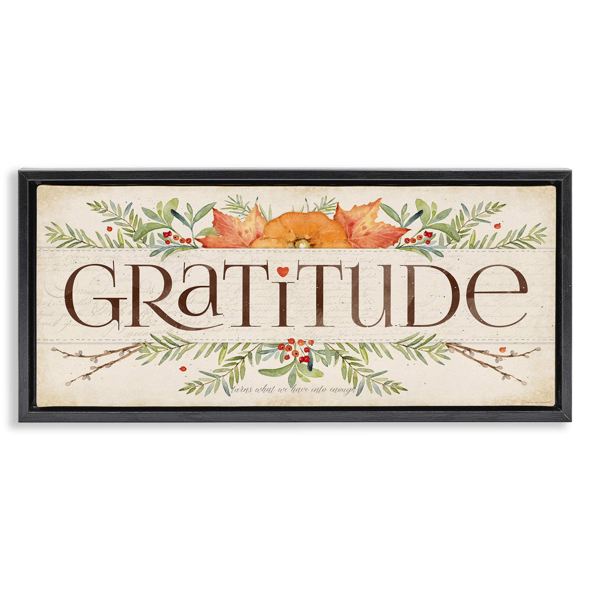 Stupell Industries Seasonal Gratitude Floral Leaves Typography Painting Black Floater Framed Canvas Art Print Wall Art, 25 x 11