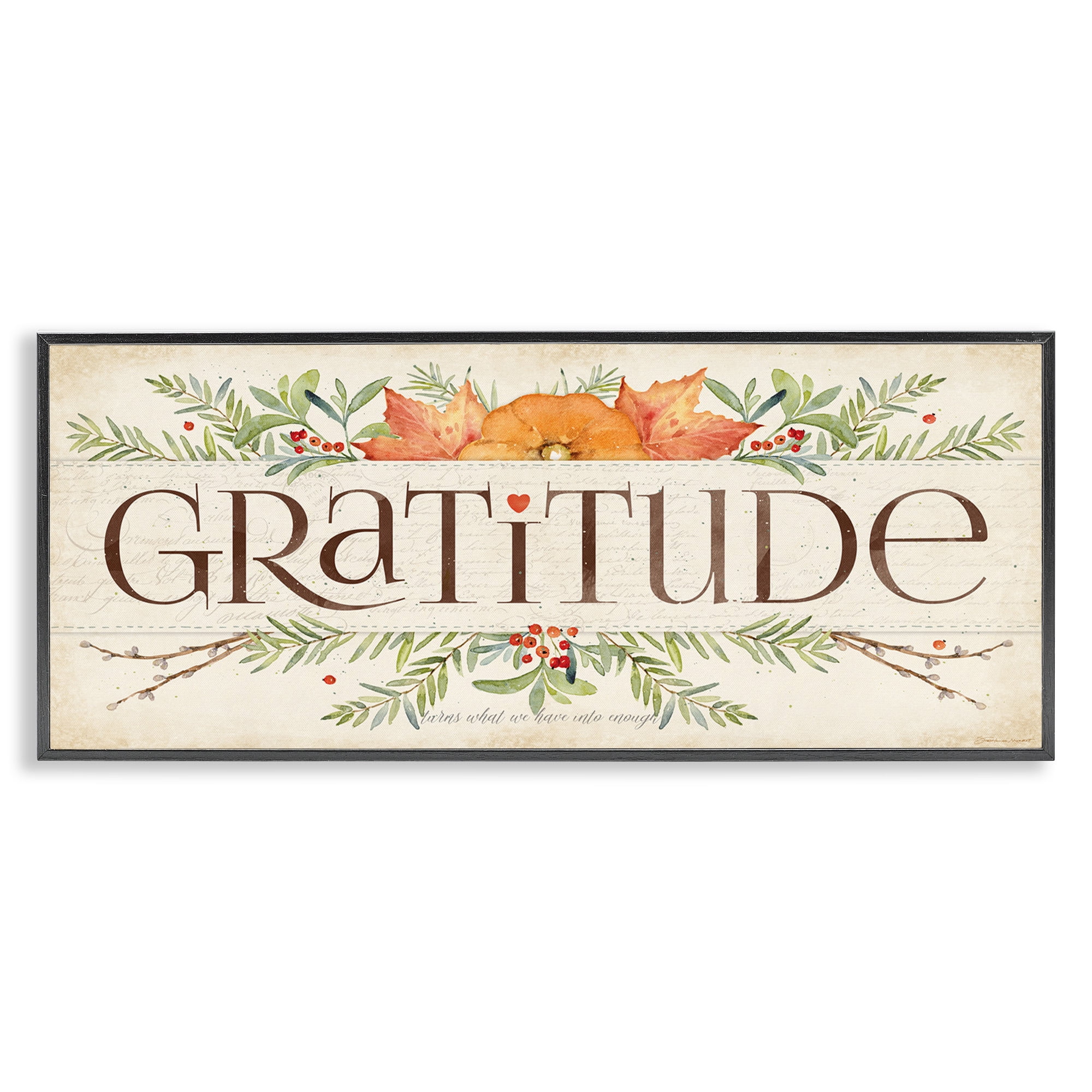 Stupell Industries Seasonal Gratitude Floral Leaves Typography Painting Black Framed Art Print Wall Art, 30 x 13