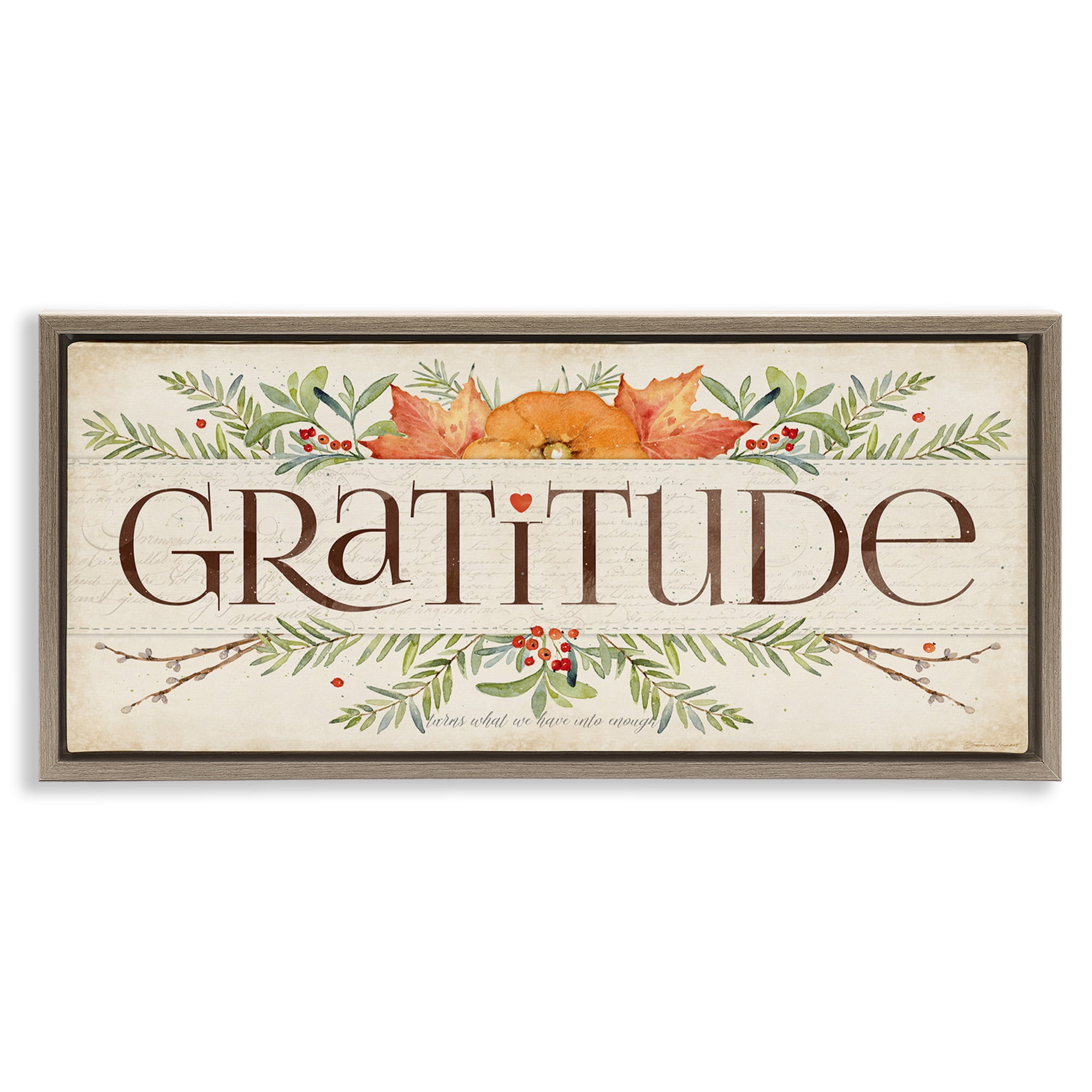 Stupell Industries Seasonal Gratitude Floral Leaves Typography Painting Brown Floater Framed Canvas Art Print Wall Art, 31 x 14