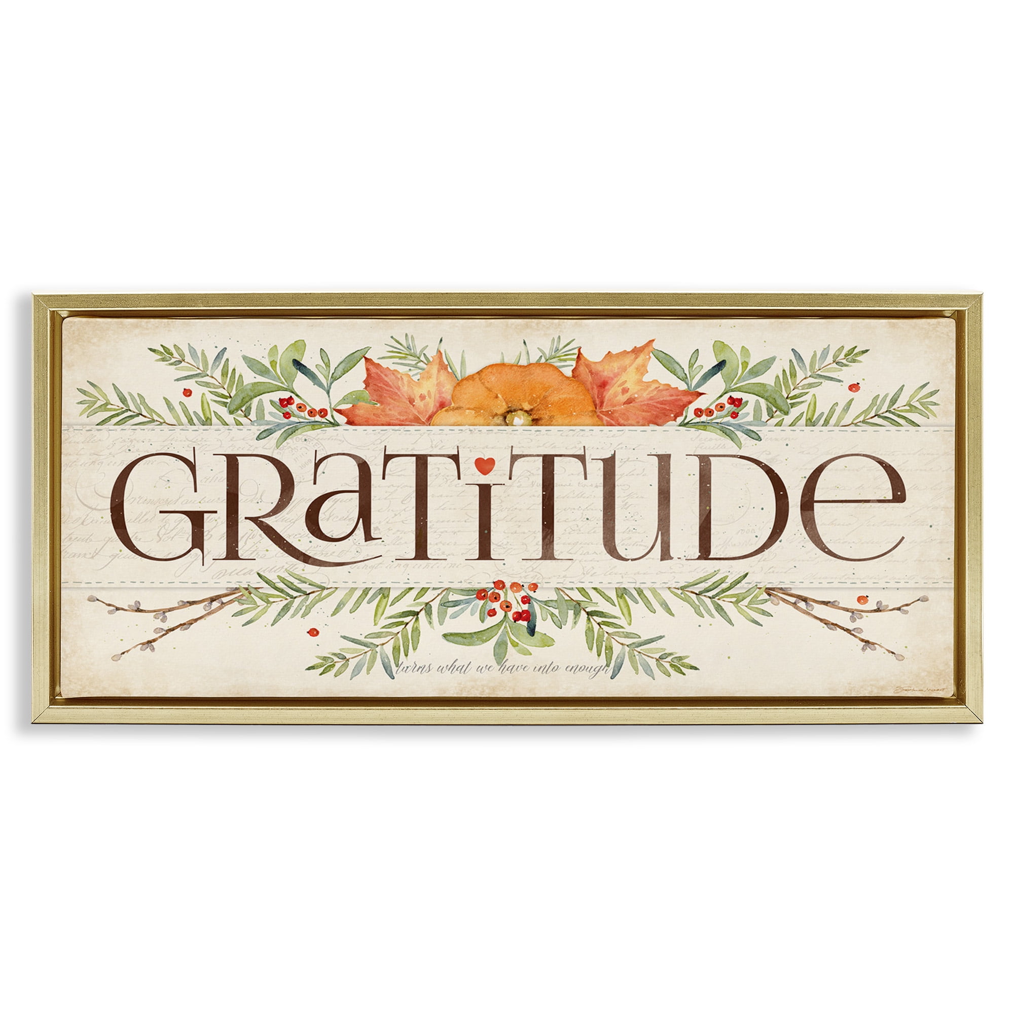 Stupell Industries Seasonal Gratitude Floral Leaves Typography Painting Gold Floater Framed Canvas Art Print Wall Art, 25 x 11