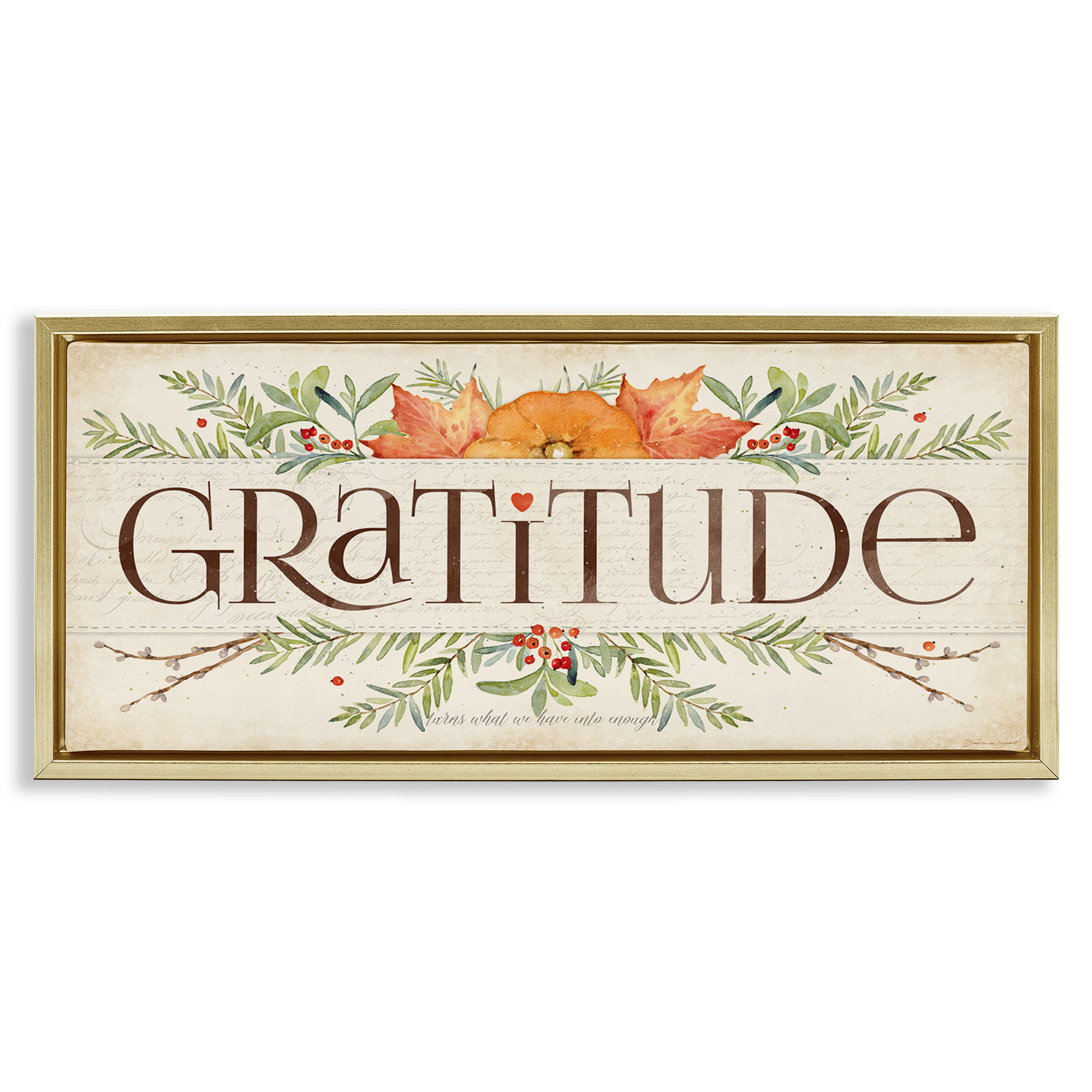 Stupell Industries Seasonal Gratitude Floral Leaves Typography Painting Gold Floater Framed Canvas Art Print Wall Art, 31 x 14