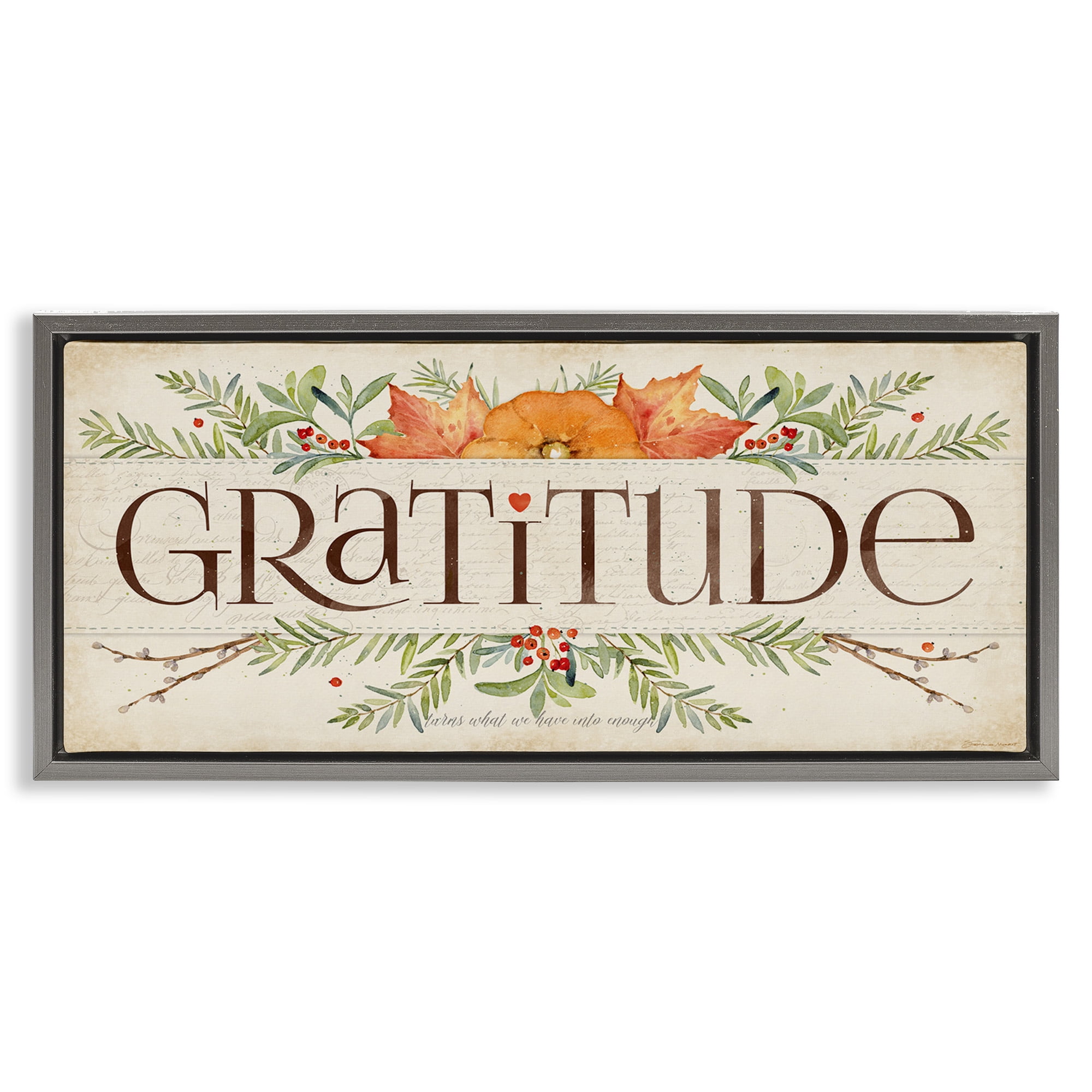 Stupell Industries Seasonal Gratitude Floral Leaves Typography Painting Gray Floater Framed Canvas Art Print Wall Art, 31 x 14