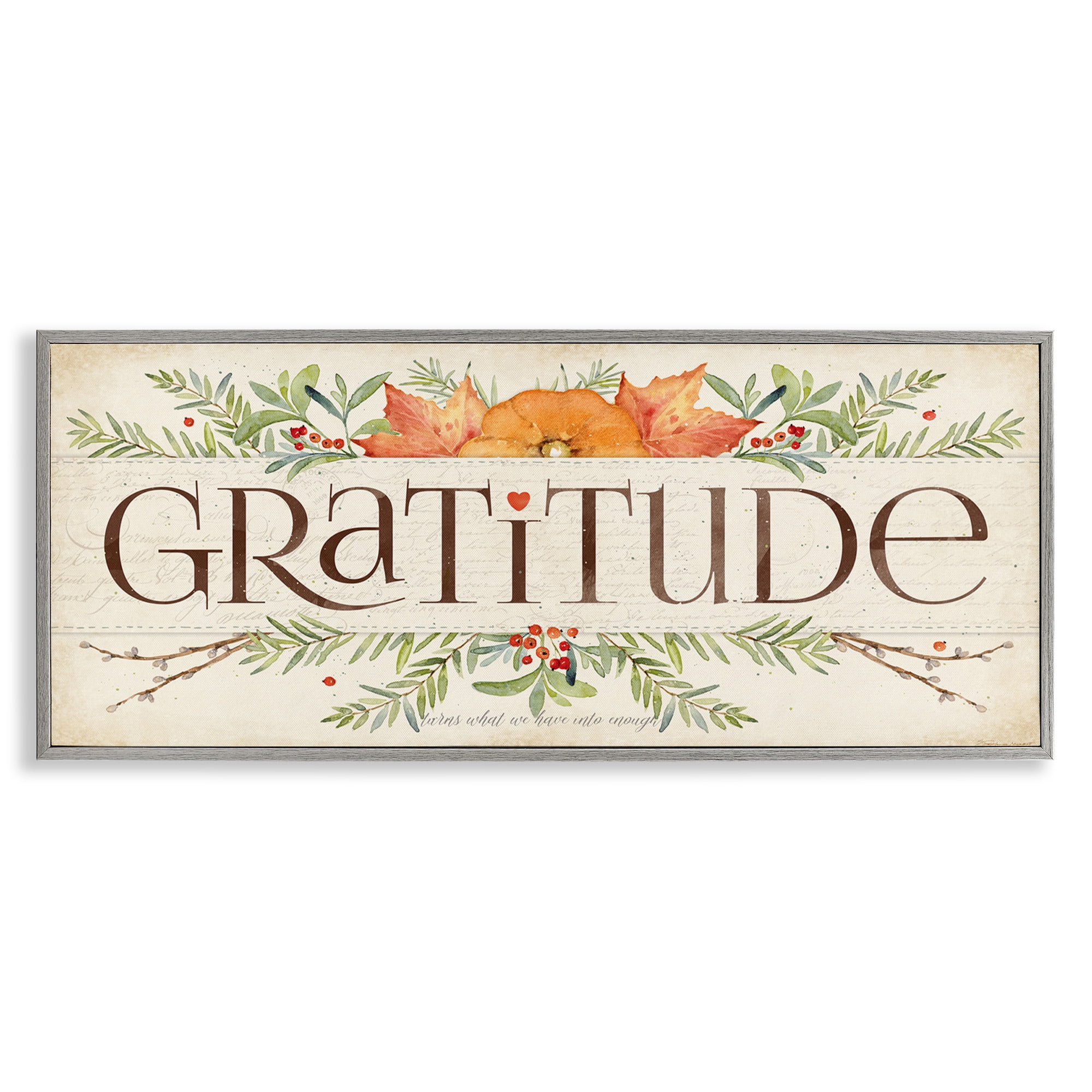 Stupell Industries Seasonal Gratitude Floral Leaves Typography Painting Gray Framed Art Print Wall Art, 30 x 13