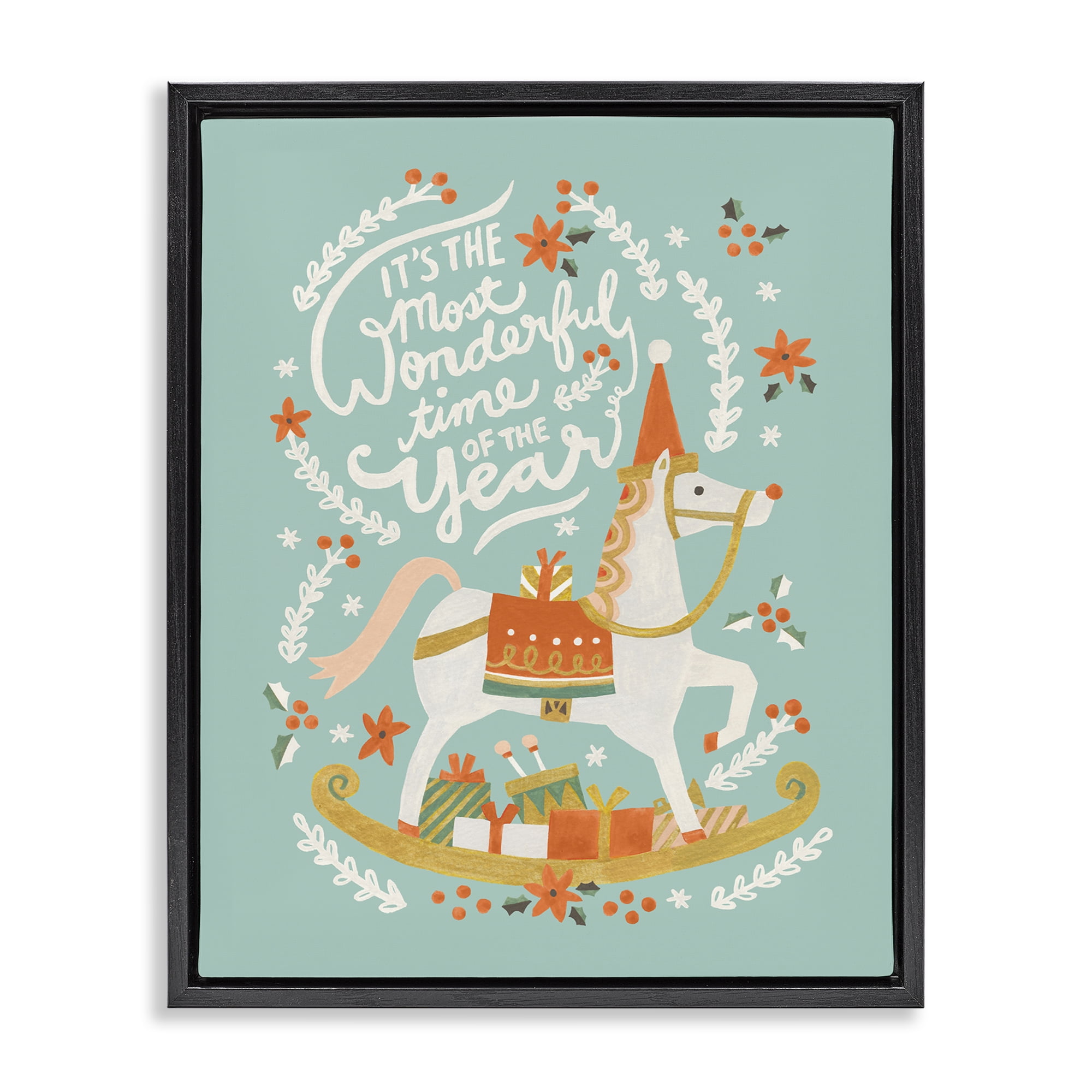 Stupell Industries Seasonal Horse & Sled Phrase Holiday Painting Black Floater Framed Canvas Art Print Wall Art, 17 x 21