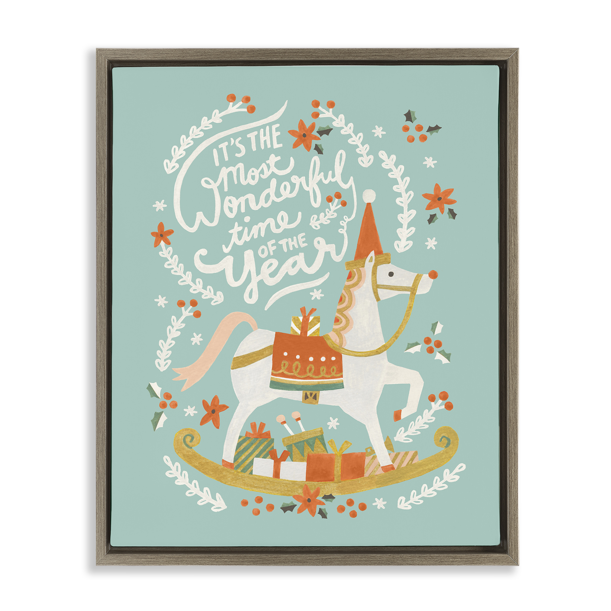 Stupell Industries Seasonal Horse & Sled Phrase Holiday Painting Brown Floater Framed Canvas Art Print Wall Art, 17 x 21