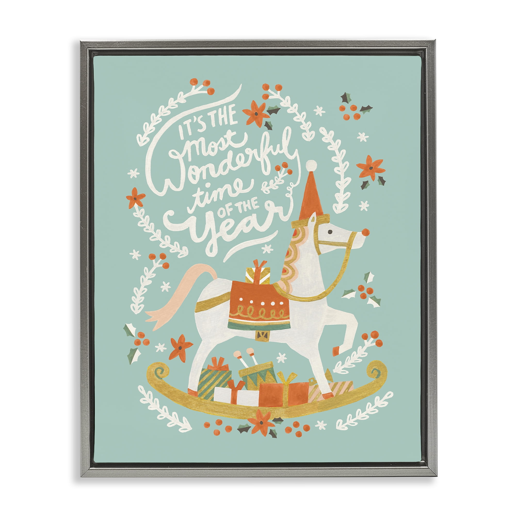 Stupell Industries Seasonal Horse & Sled Phrase Holiday Painting Gray Floater Framed Canvas Art Print Wall Art, 25 x 31