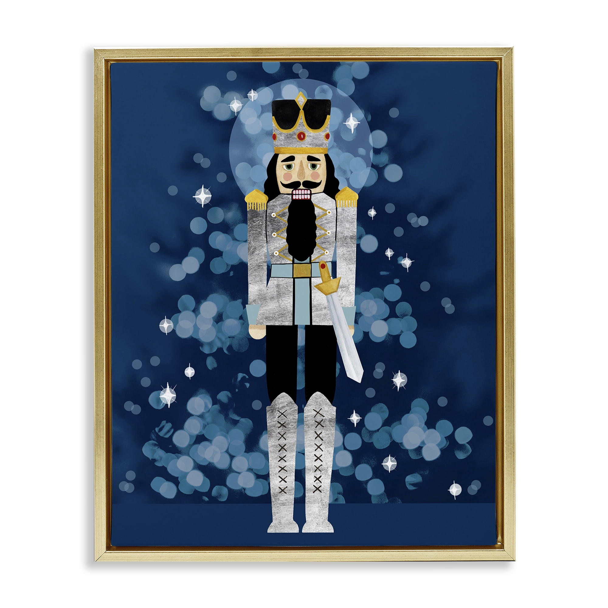 Stupell Industries Seasonal Modern Nutcracker Holiday Painting Gold Floater Framed Art Print Wall Art, 17 x 21