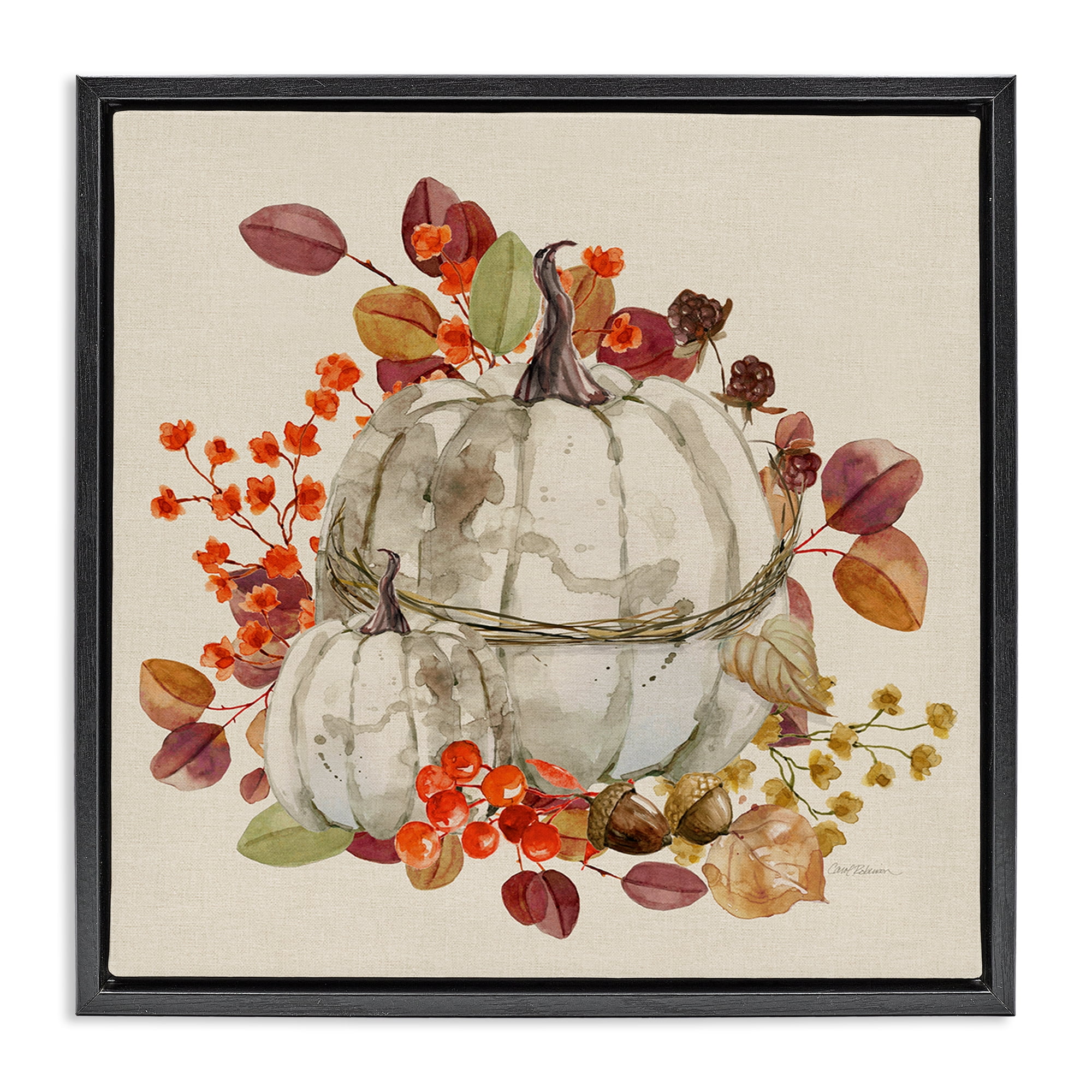 Stupell Industries Seasonal Pumpkin & Leaves Botanical & Floral Painting Black Floater Framed Canvas Art Prints Wall Art, 18 x 18
