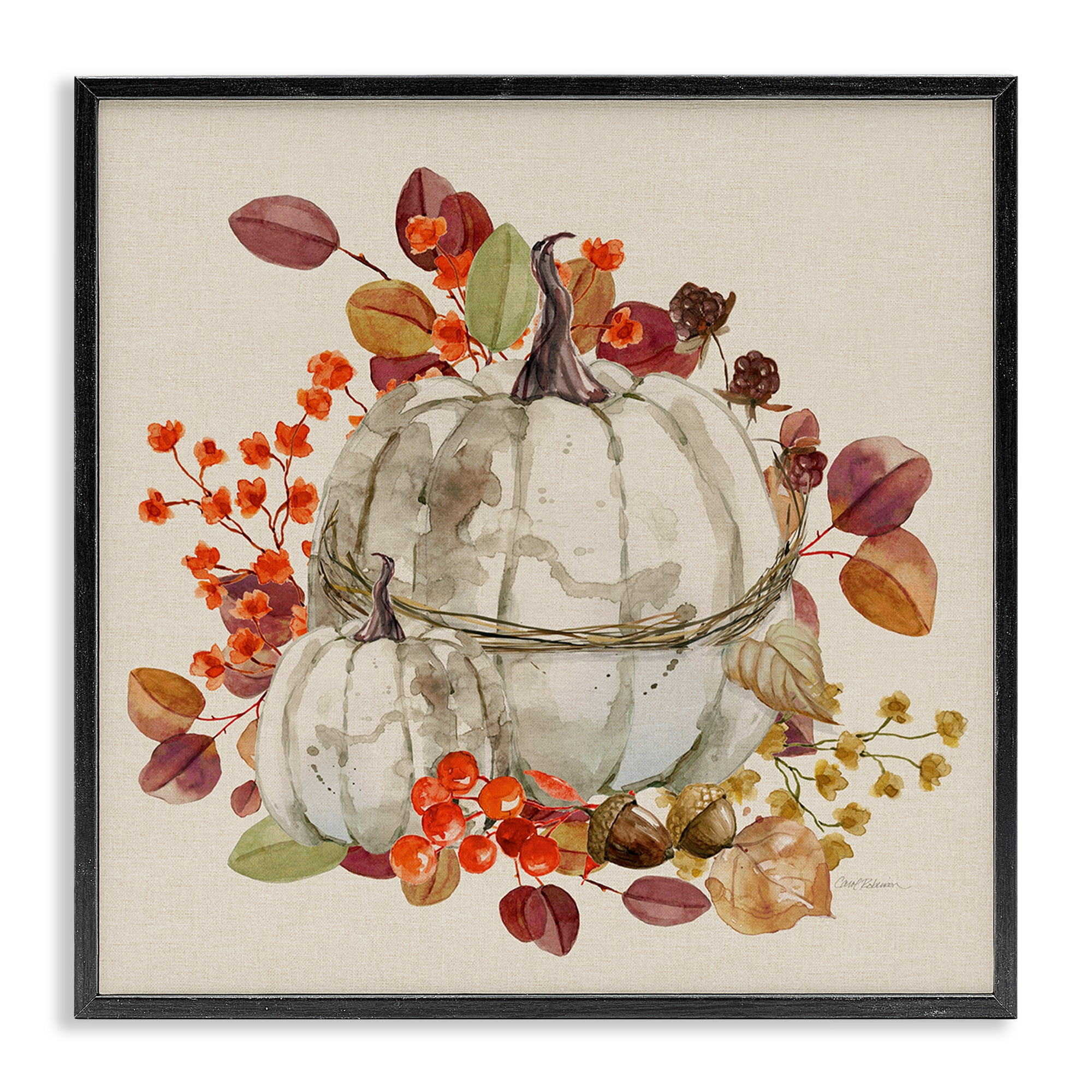 Stupell Industries Seasonal Pumpkin & Leaves Botanical & Floral Painting Black Framed Art Prints Wall Art, 12 x 12