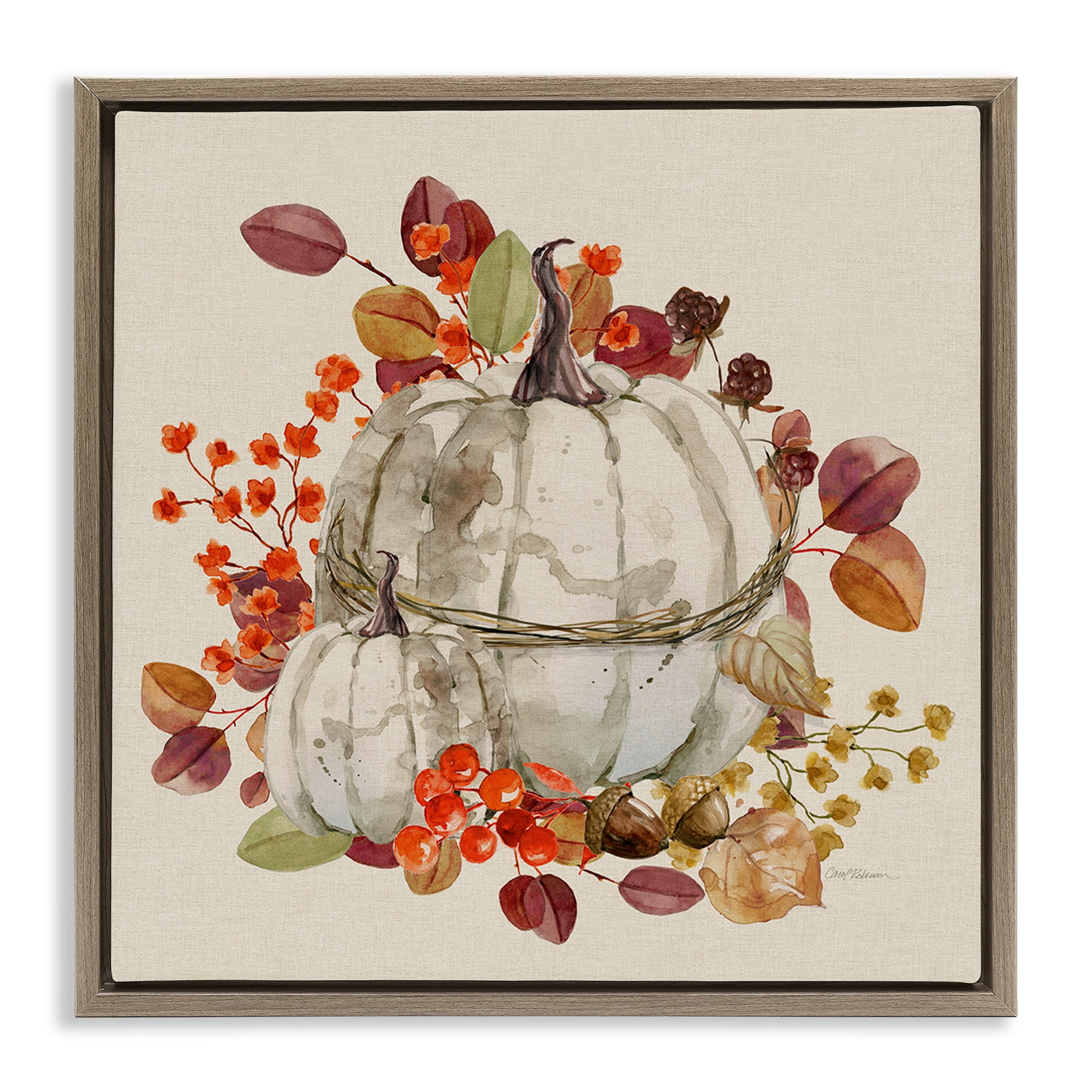 Stupell Industries Seasonal Pumpkin & Leaves Botanical & Floral Painting Brown Floater Framed Canvas Art Prints Wall Art, 25 x 25