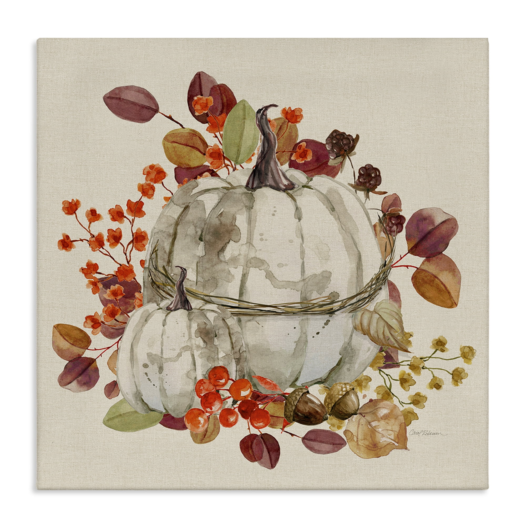 Stupell Industries Seasonal Pumpkin & Leaves Botanical & Floral Painting Gallery Wrapped Canvas Art Prints Wall Art, 30 x 30