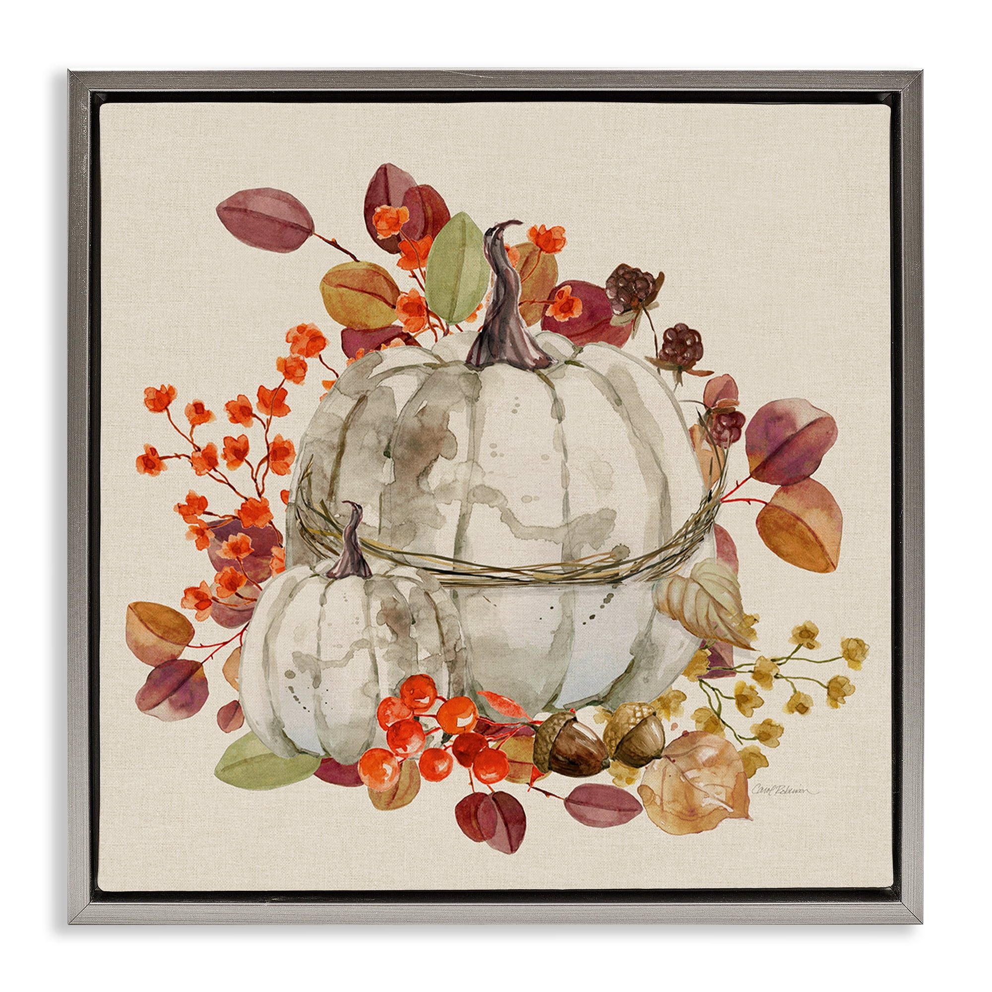 Stupell Industries Seasonal Pumpkin & Leaves Botanical & Floral Painting Gray Floater Framed Canvas Art Prints Wall Art, 18 x 18