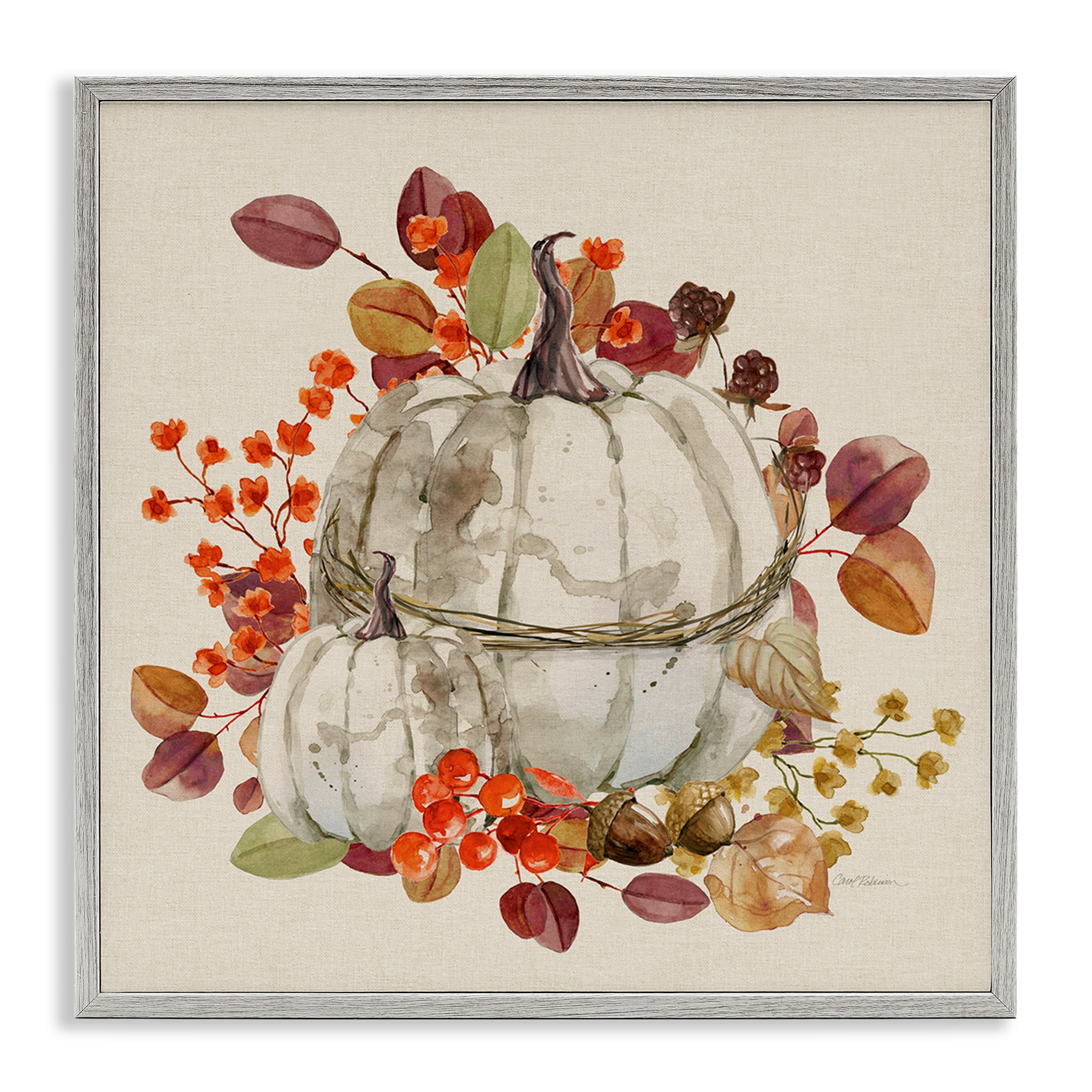 Stupell Industries Seasonal Pumpkin & Leaves Botanical & Floral Painting Gray Framed Art Prints Wall Art, 24 x 24