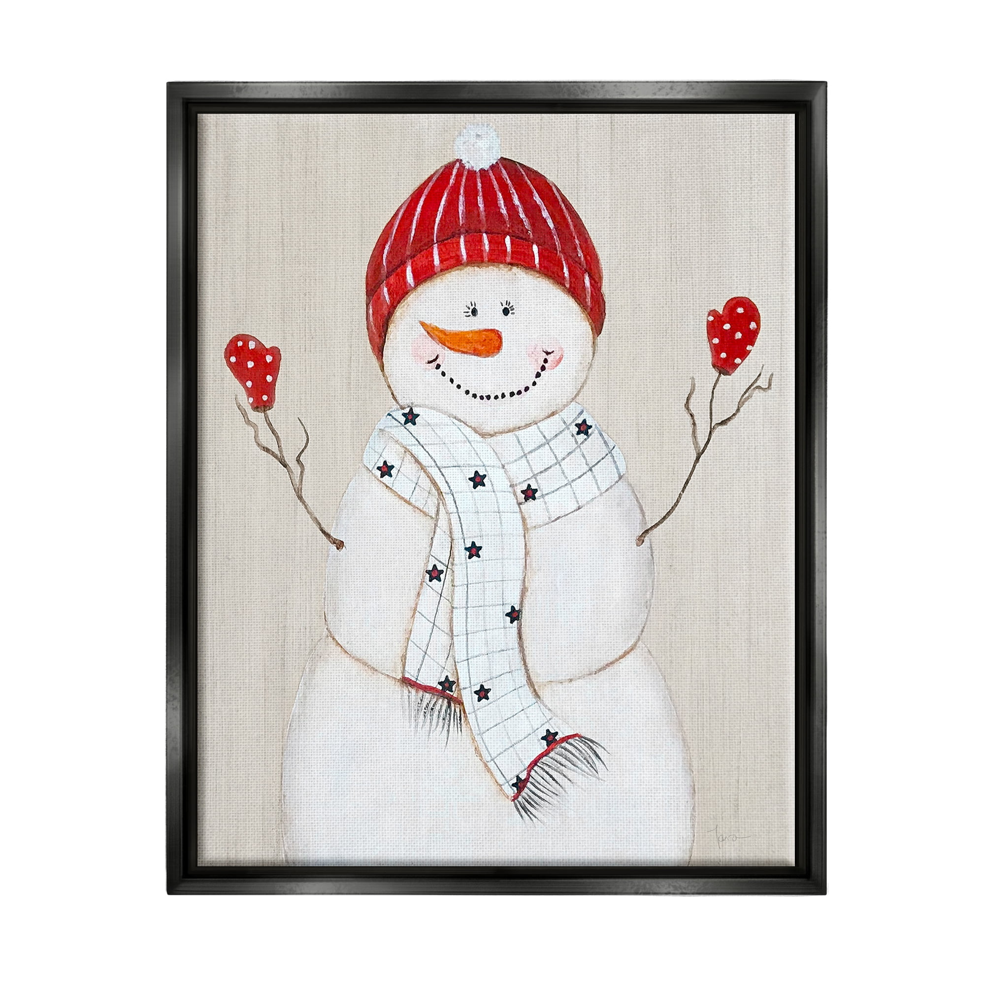 Stupell Industries Seasonal Snowman Smiling Red Hat Holiday Painting Black Floater Framed Art Print Wall Art