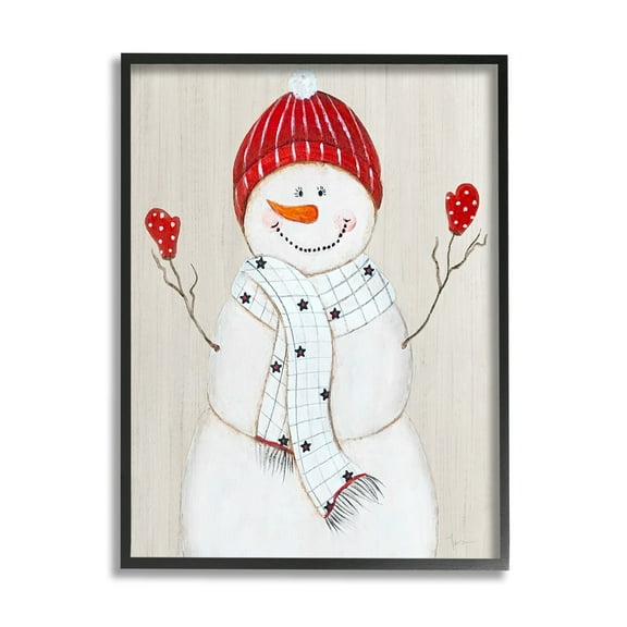 Stupell Industries Seasonal Snowman Smiling Red Hat Holiday Painting Black Framed Art Print Wall Art