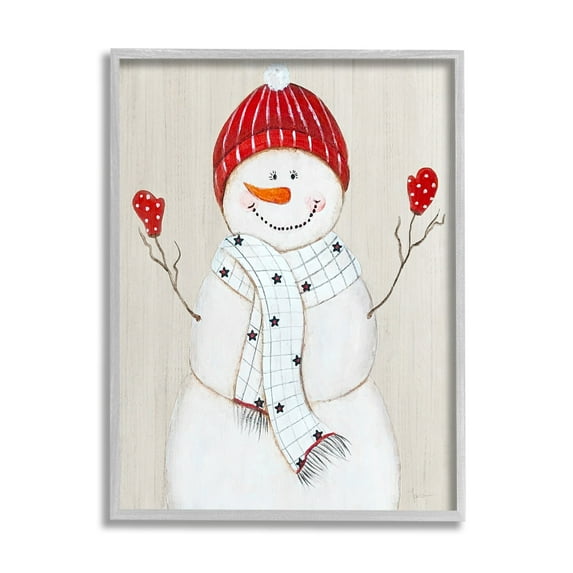 Stupell Industries Seasonal Snowman Smiling Red Hat Holiday Painting Gray Framed Art Print Wall Art