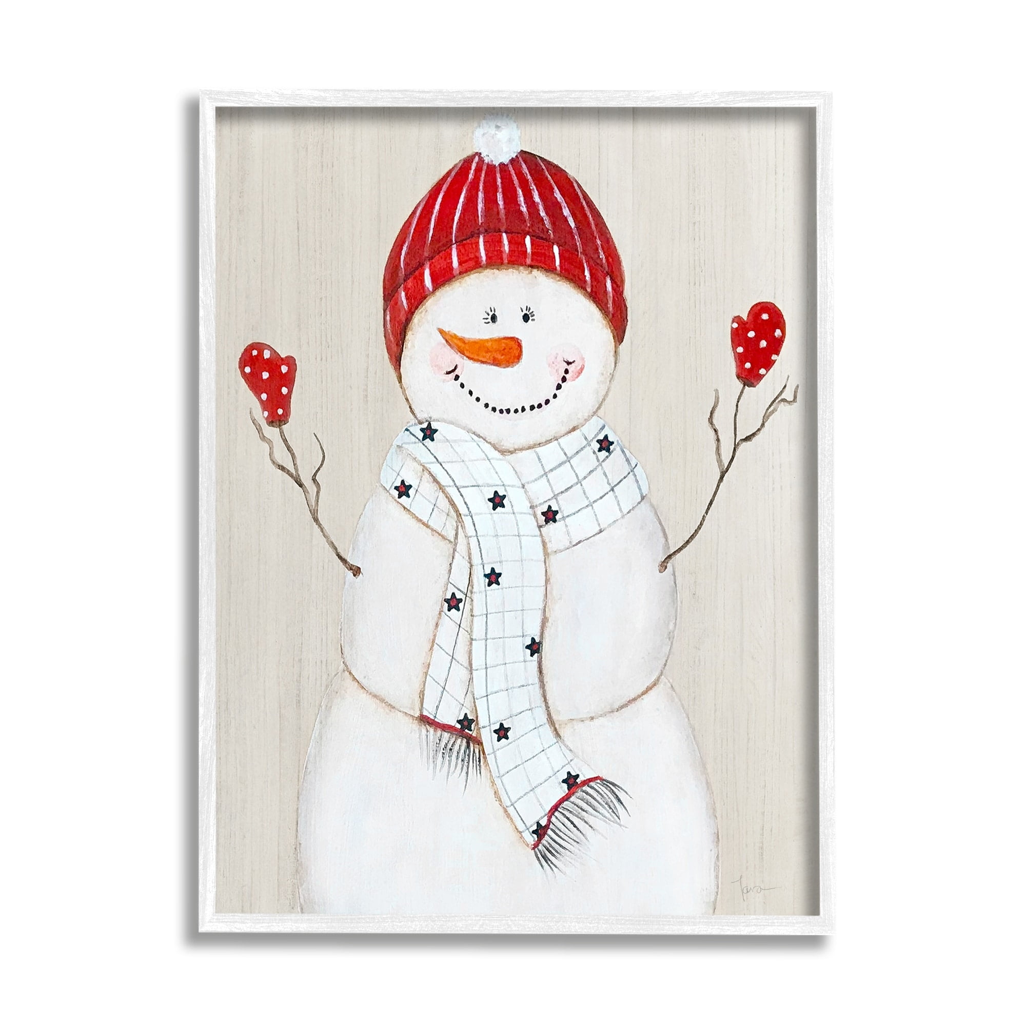 Stupell Industries Seasonal Snowman Smiling Red Hat Holiday Painting White Framed Art Print Wall Art