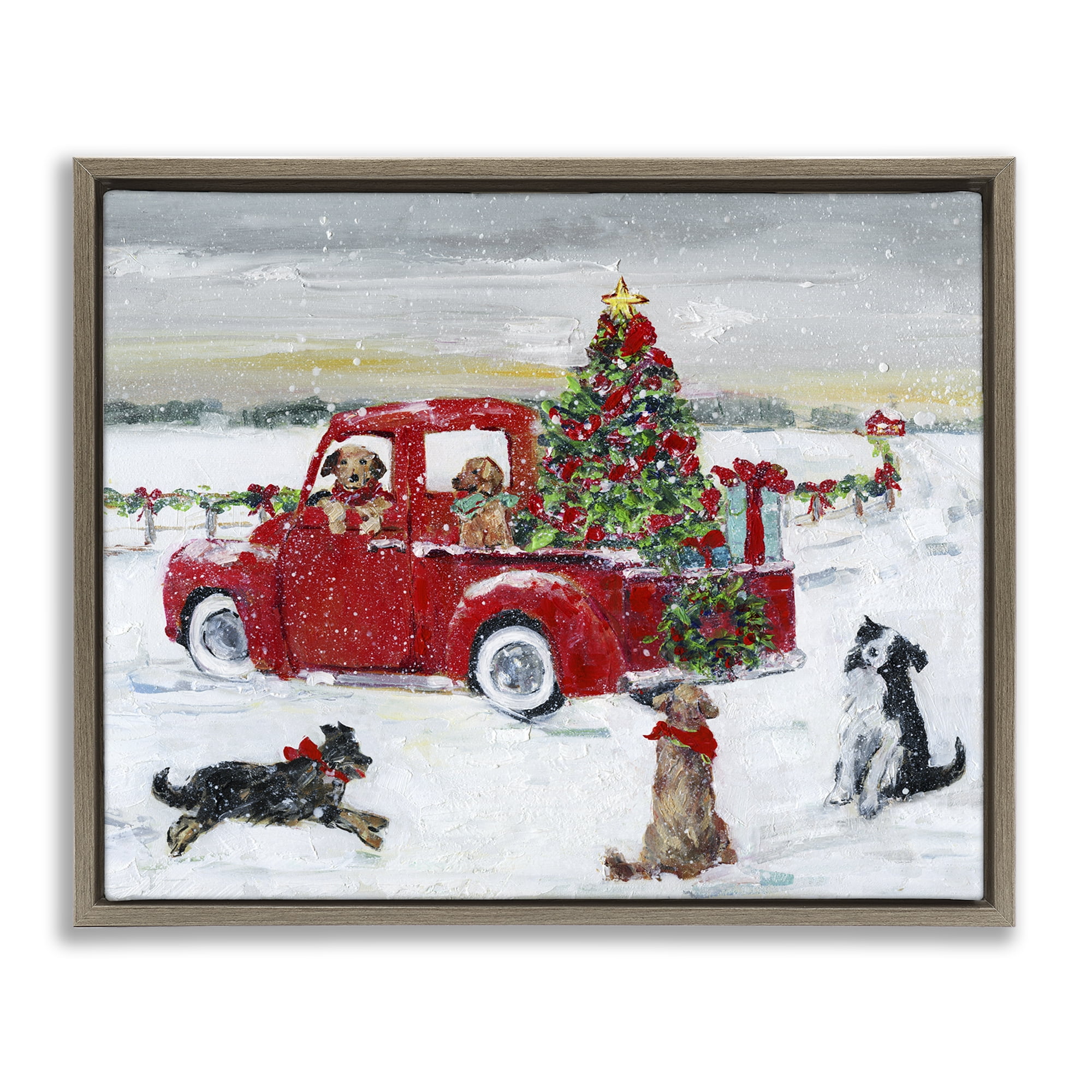 Stupell Industries Seasonal Truck with Dogs Holiday Painting Brown Floater Framed Canvas Art Prints Wall Art, 21 x 17