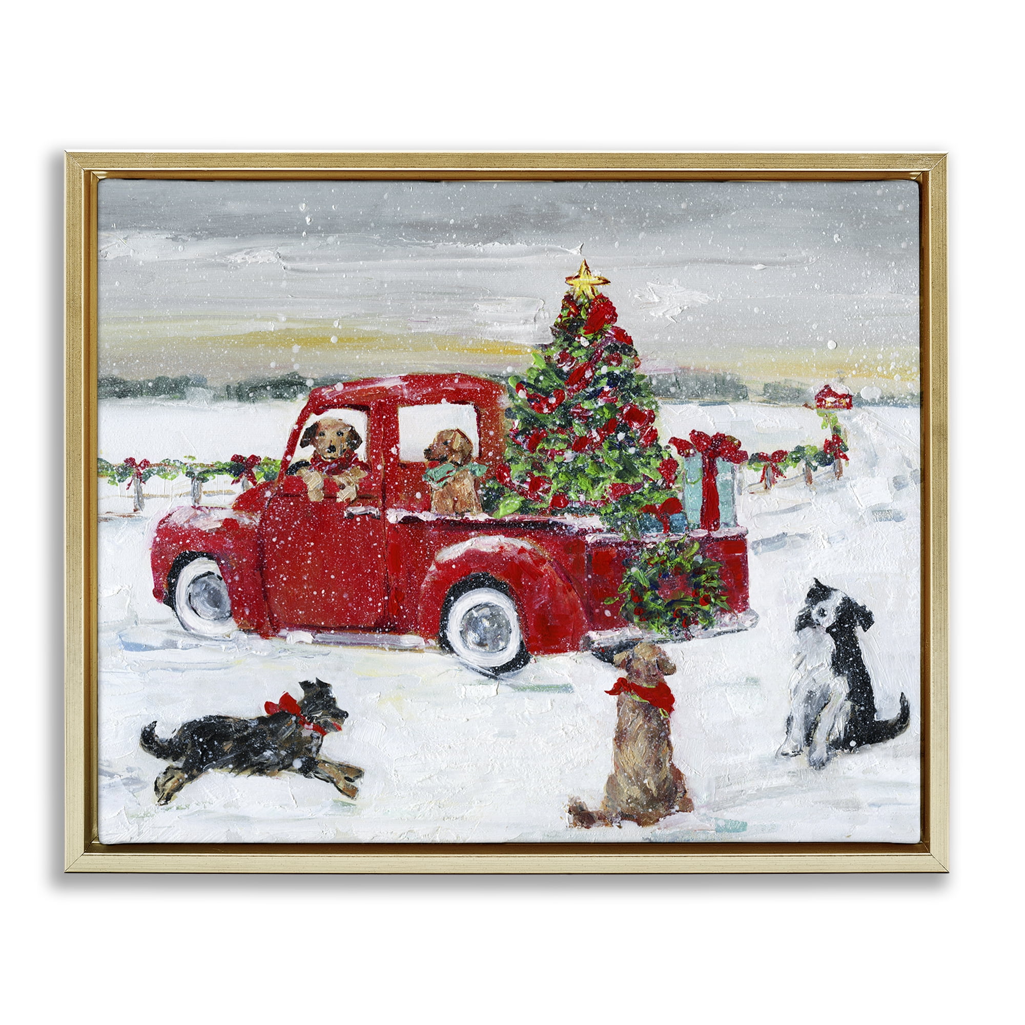 Stupell Industries Seasonal Truck with Dogs Holiday Painting Gold Floater Framed Canvas Art Prints Wall Art, 21 x 17