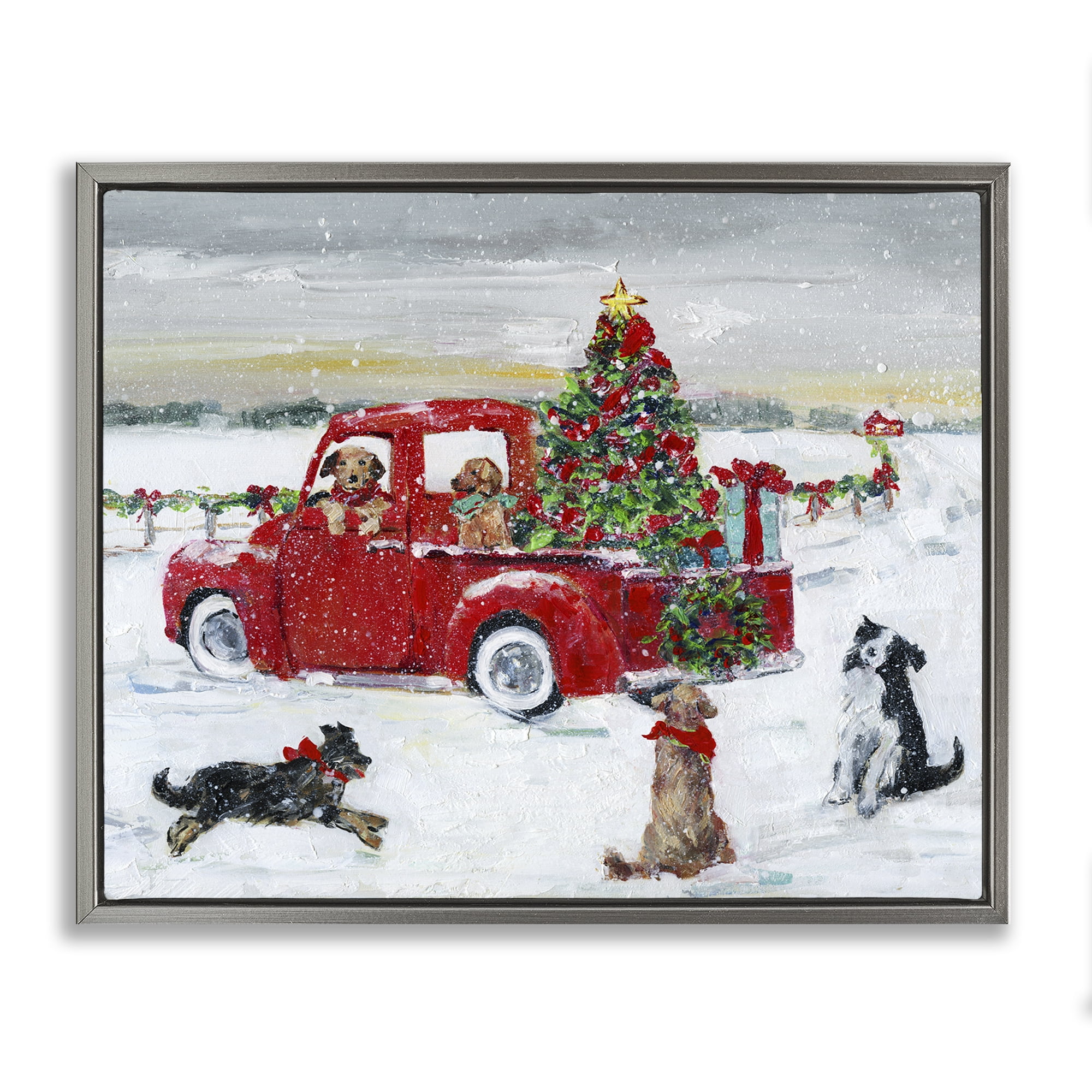 Stupell Industries Seasonal Truck with Dogs Holiday Painting Gray Floater Framed Canvas Art Prints Wall Art, 21 x 17
