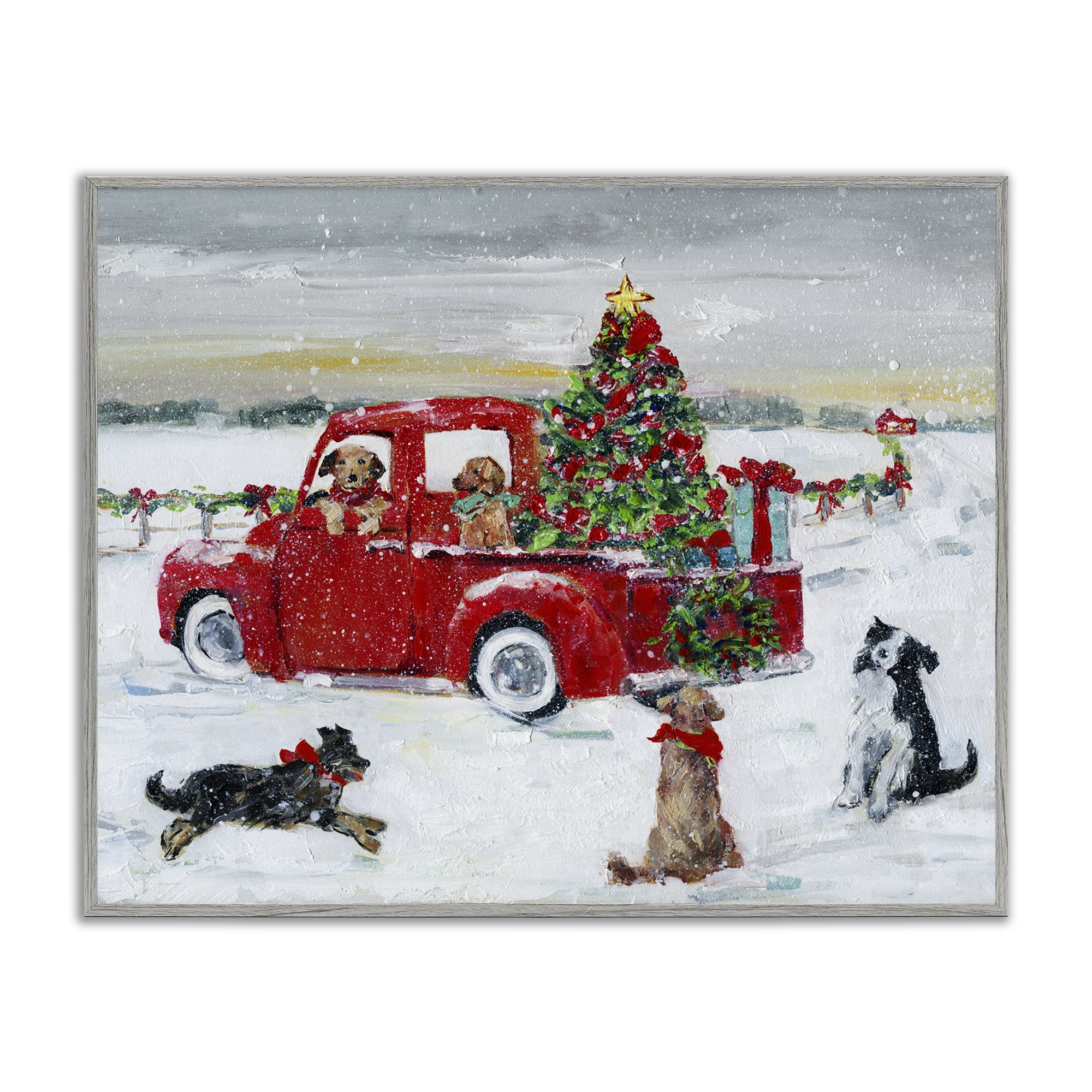 Stupell Industries Seasonal Truck with Dogs Holiday Painting Gray Framed Art Prints Wall Art, 14 x 11